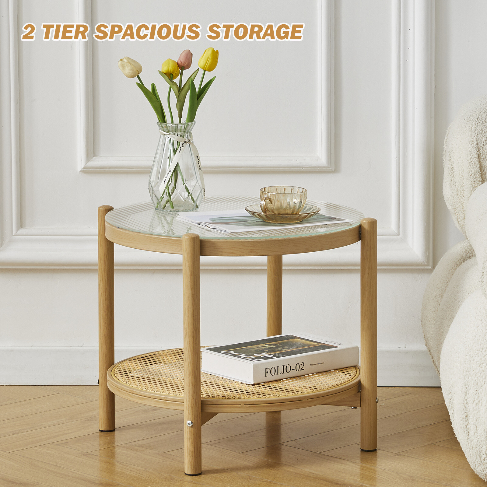 Modern Round Rattan Glass Metal Coffee Table Small 2-Tier End Table Living Room