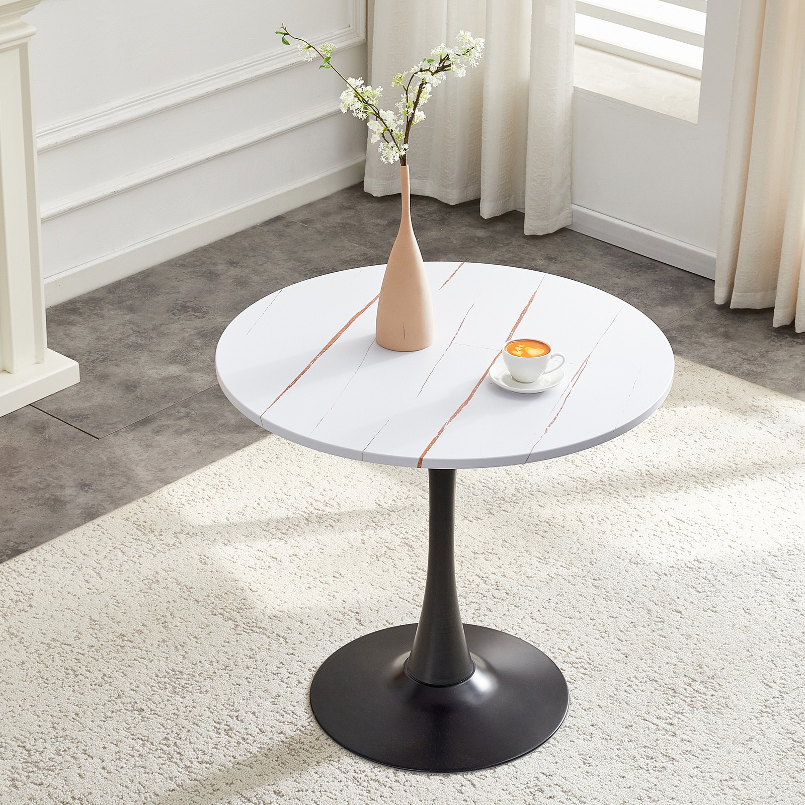 31.5″ Round Tulip Dining Table White MDF Top Metal Pedestal Base