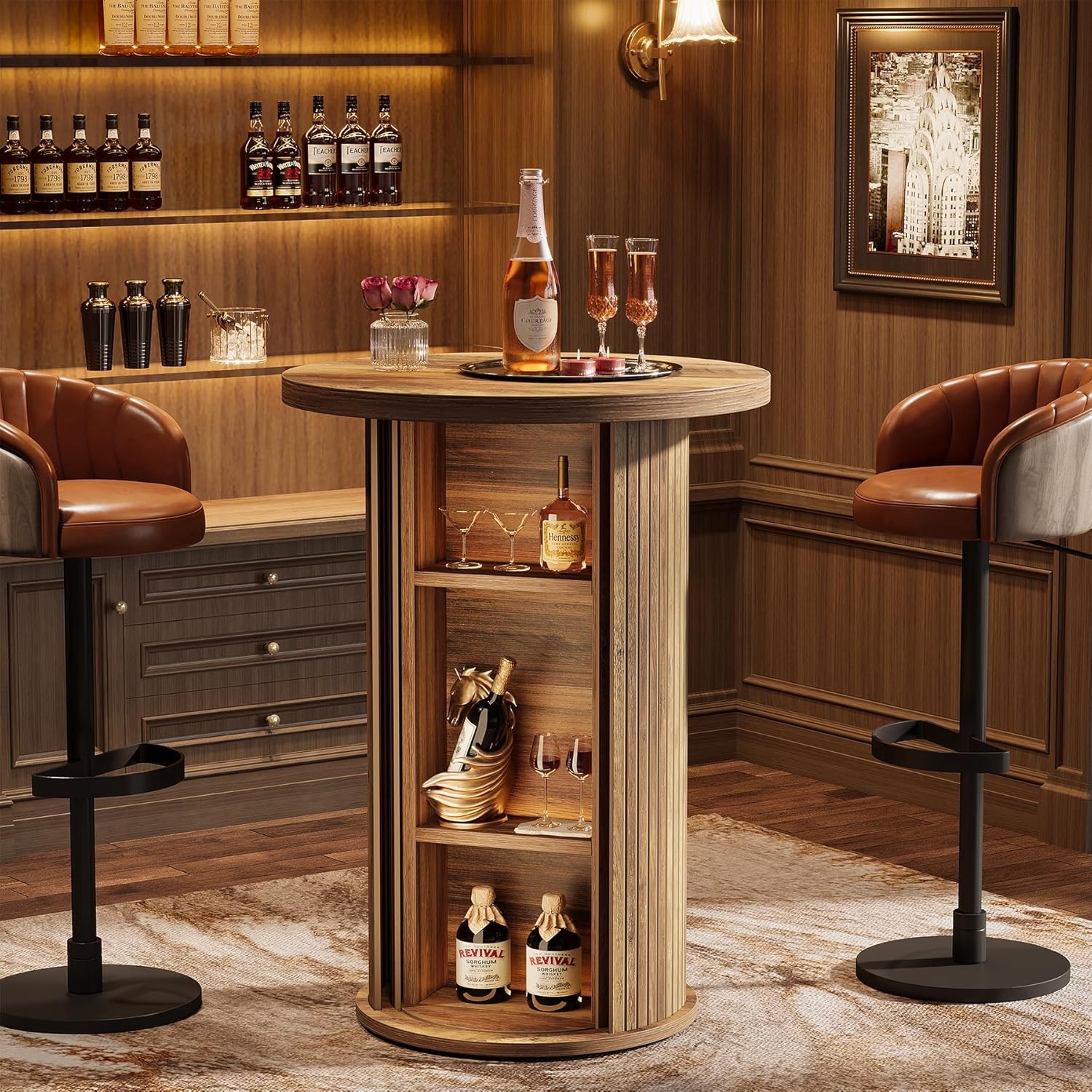 Round Bar Table, 35.4″ Rustic Cocktail Table with 3-Tier Hidden Storage Shelves