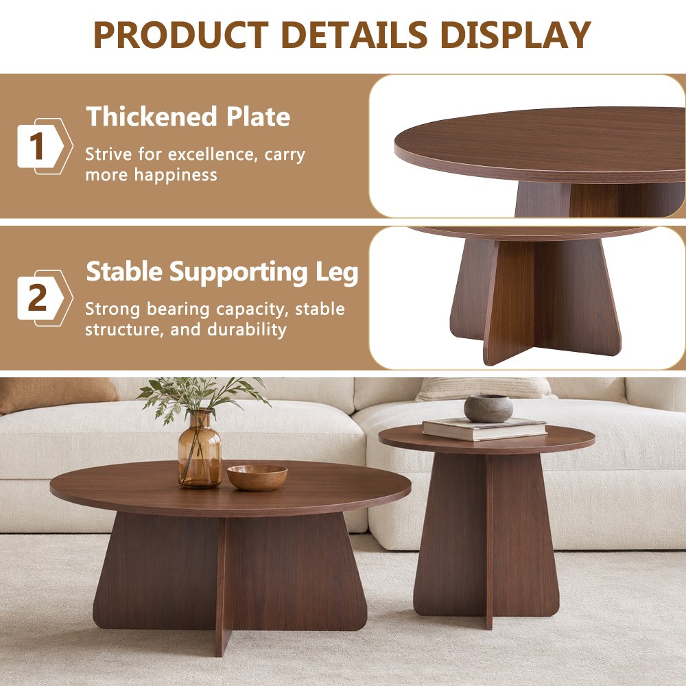 Retro Nesting Coffee Table Set, Round Side Tables with Wood Legs