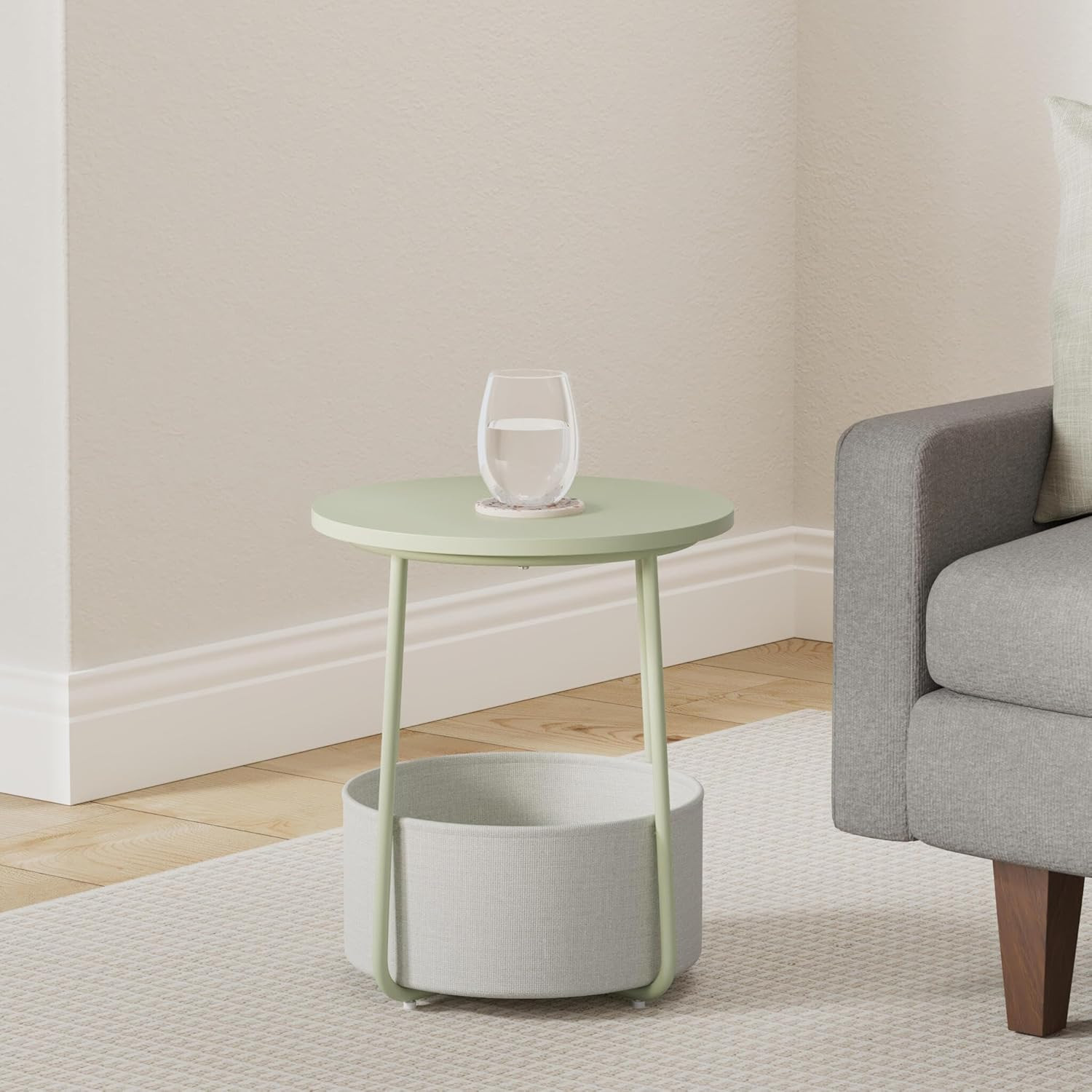 LILEA Collection – Small round Side End Table, Modern Nightstand with Fabric Bas