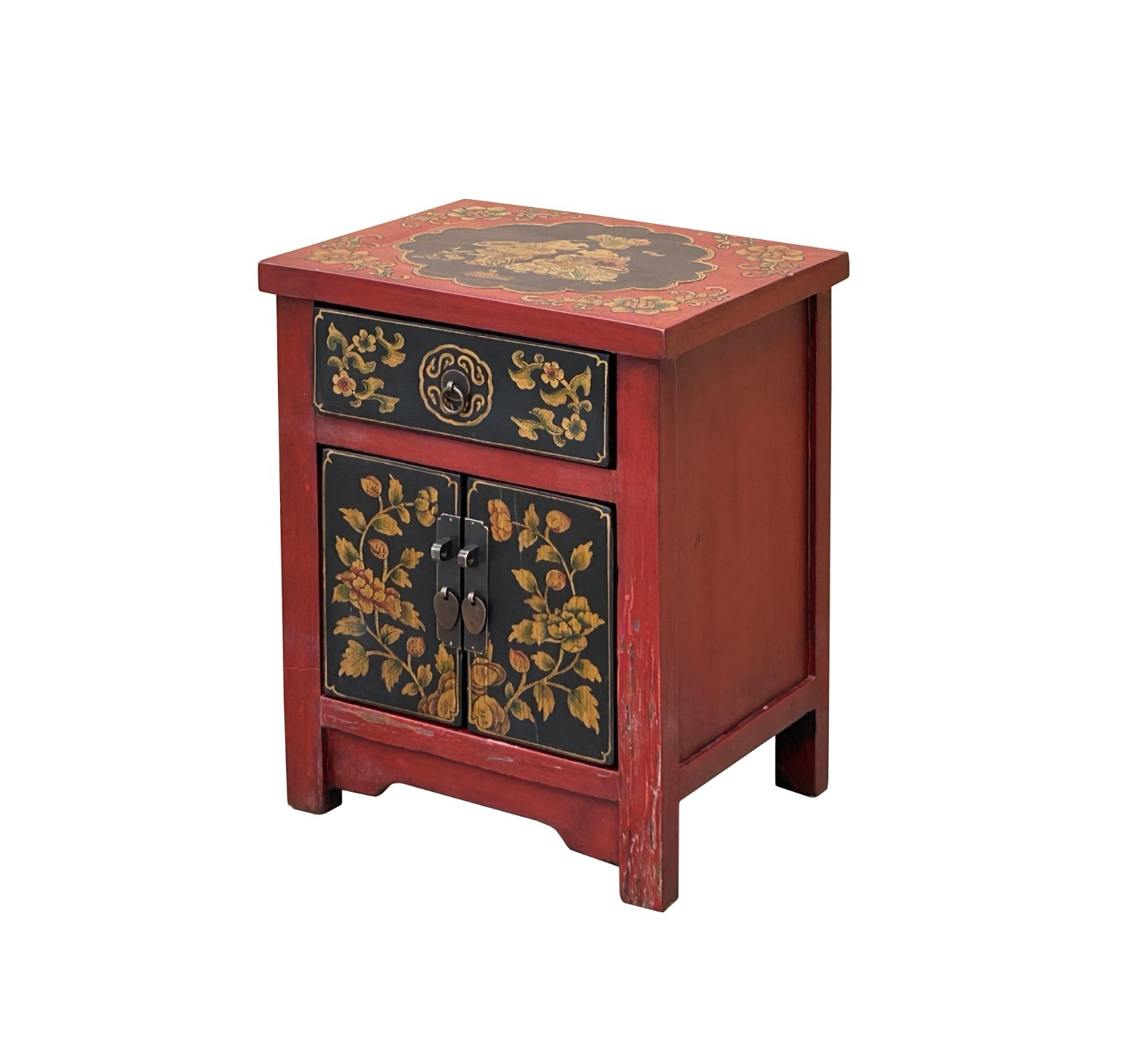 Oriental Red Black Doors Golden Flowers Graphic End Table Nightstand GB069