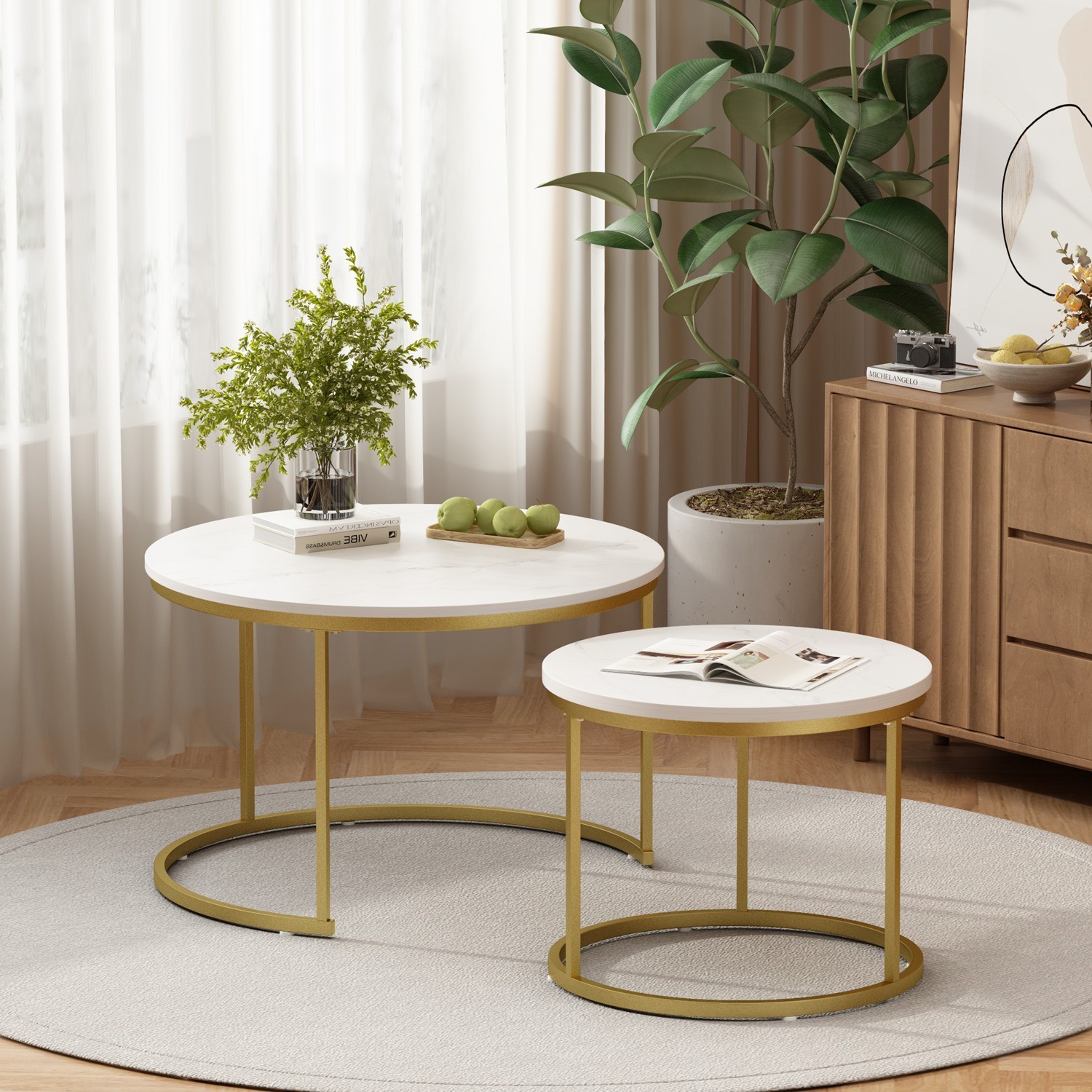 Set of 2 Nesting Coffee Table 27.5″ Round Coffee Table MDF Top Metal Frame Desk