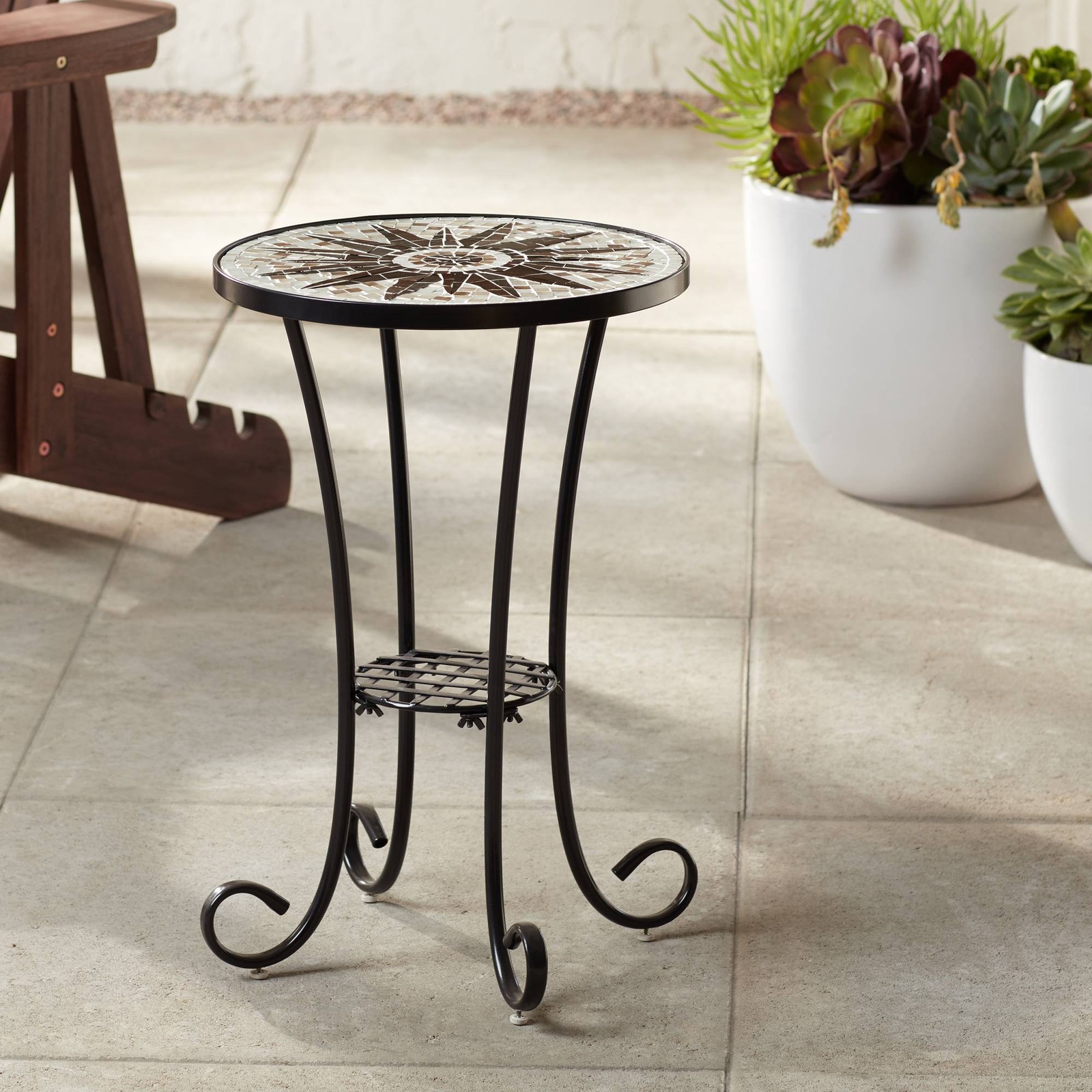 Modern Black Round Outdoor Accent Table 14″ Wide Brown Sunburst Mosaic for Porch