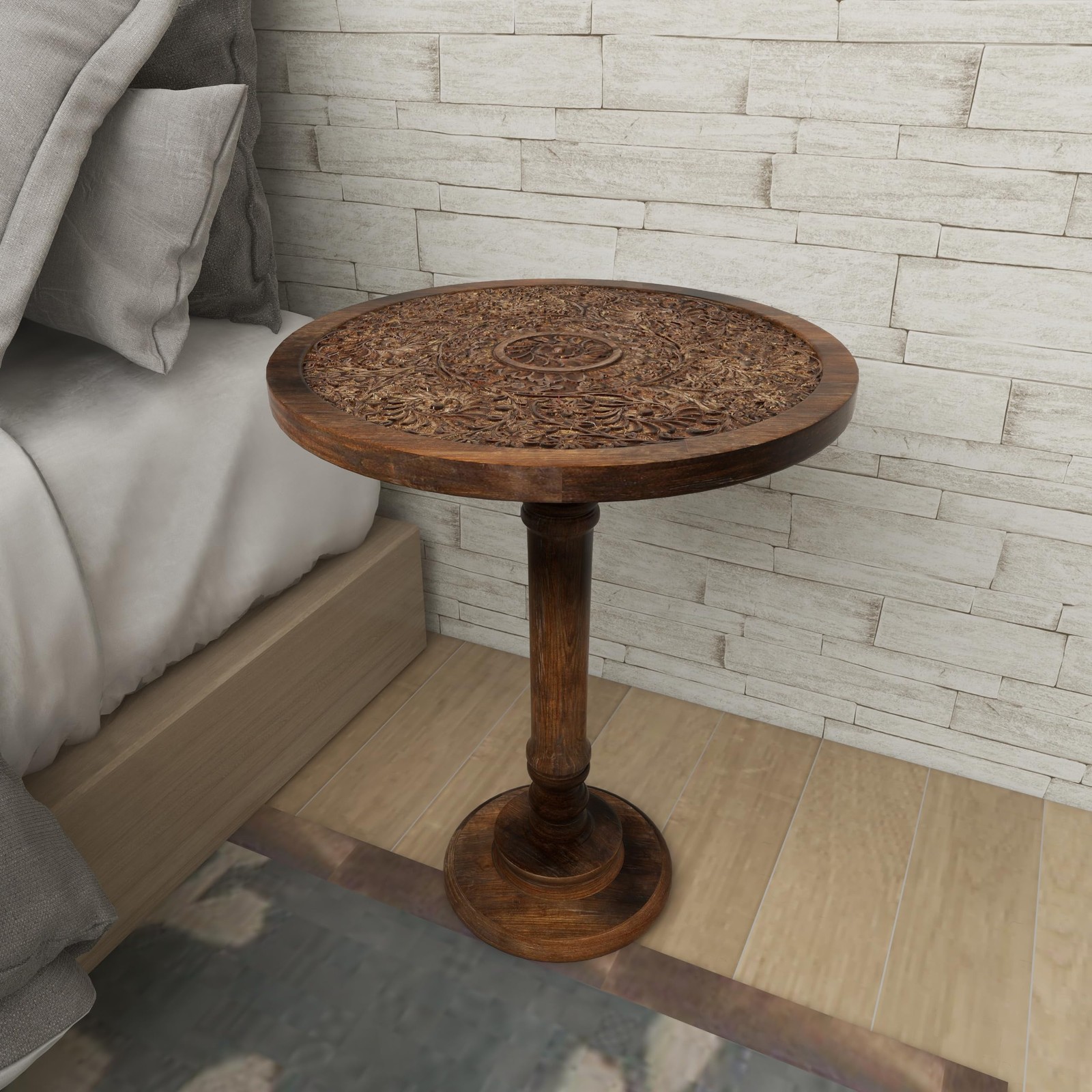 Mango Wood Floral Handmade Side End Accent Table Intricately Carved End Table…