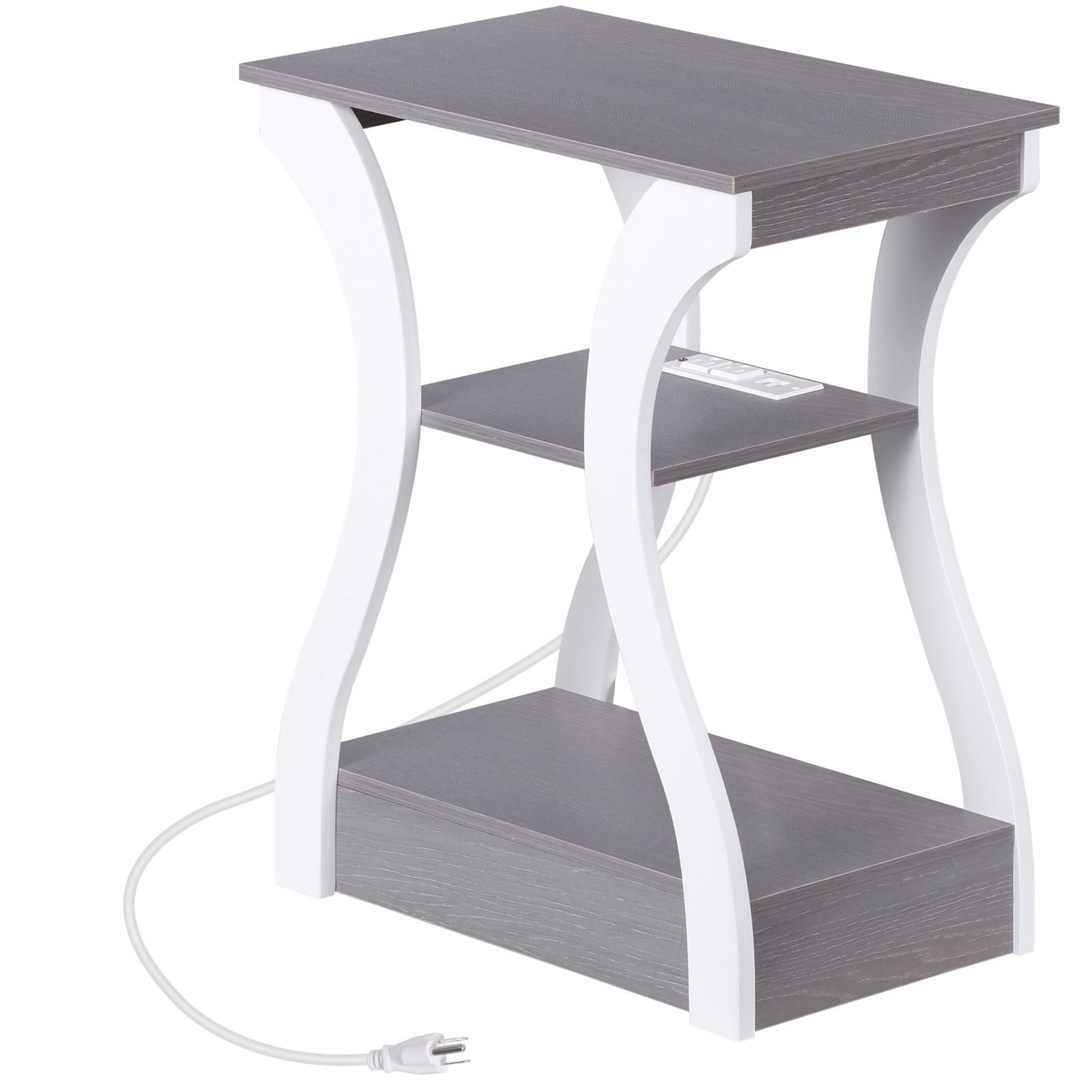 End Table Side Table 3-Tier Storage Shelf for Small Space with Outlet Grey+White
