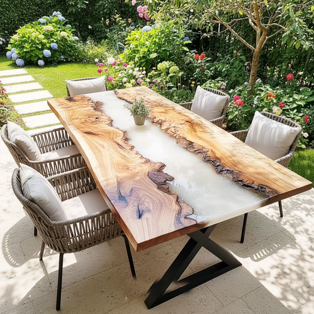 White Resin River Live Edge Dining Table | Handmade Solid Wood Epoxy Table