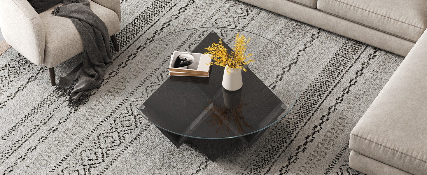 Round Coffee Table with Tempered Glass Top and Geometric Art Deco Storage