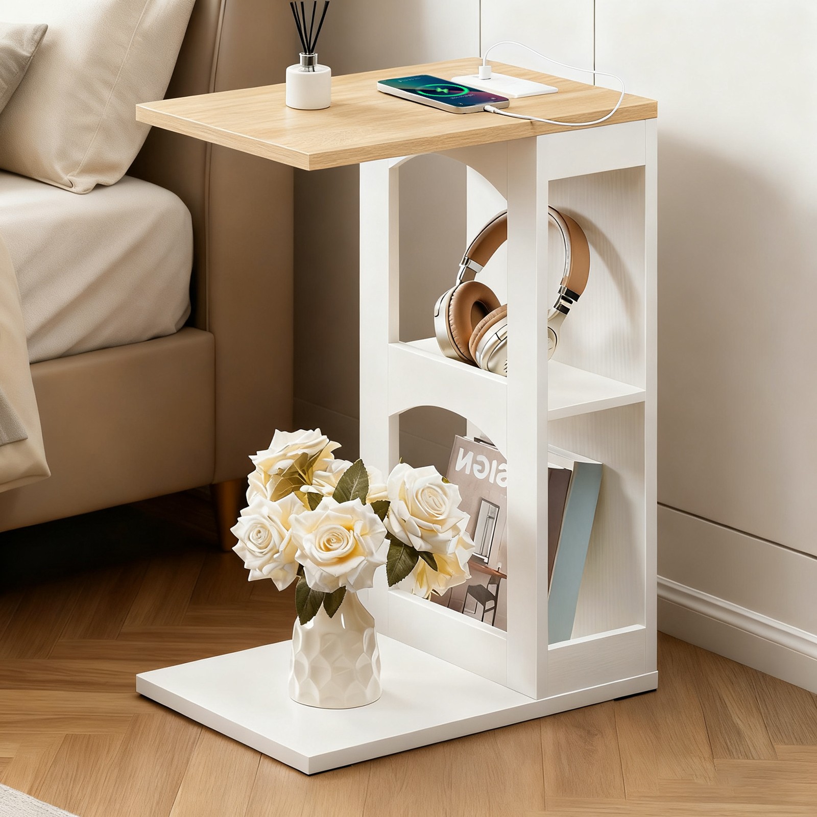 C-Shaped End Table w/ Charging Station Side Table Bedside Table White Natural