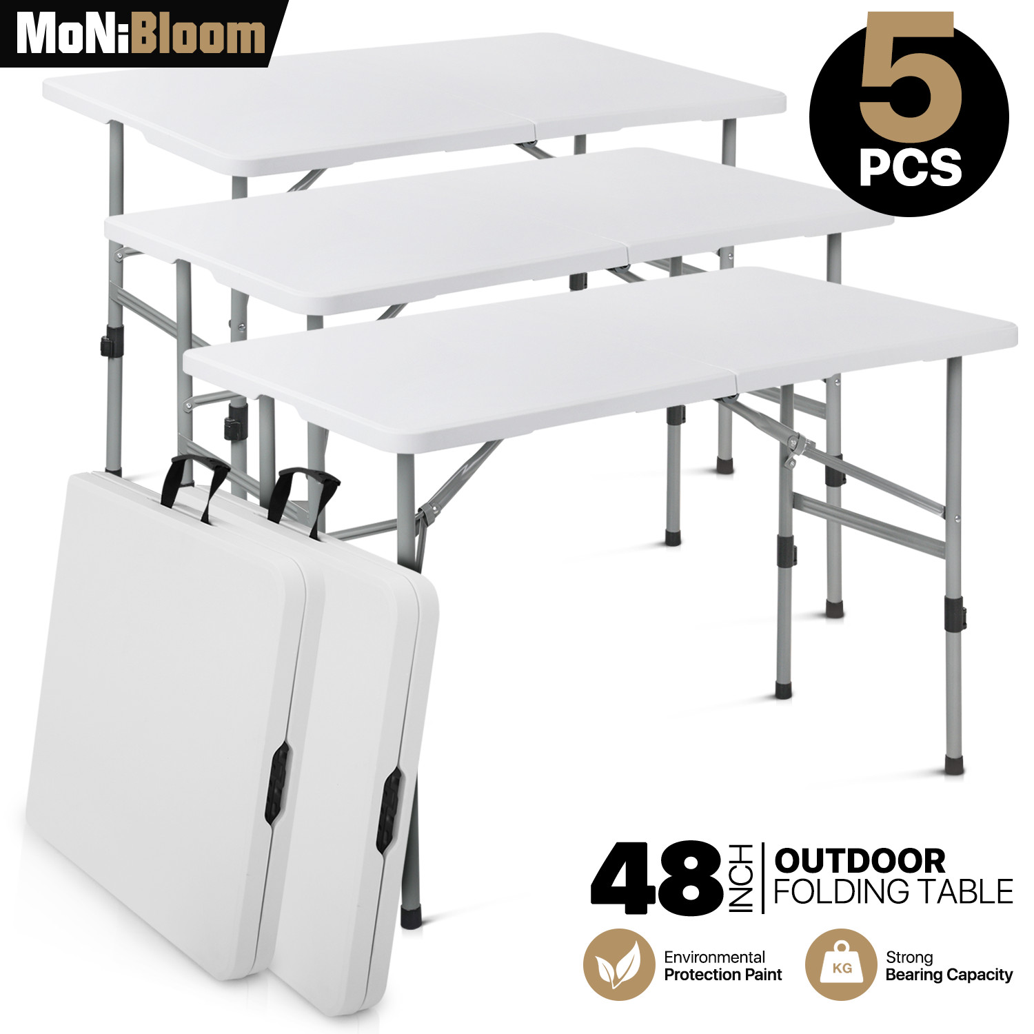 5 Pack [4 FT FOLDING PLASTIC DINING TABLE] Portable Adjustable Foot Picnic Desk