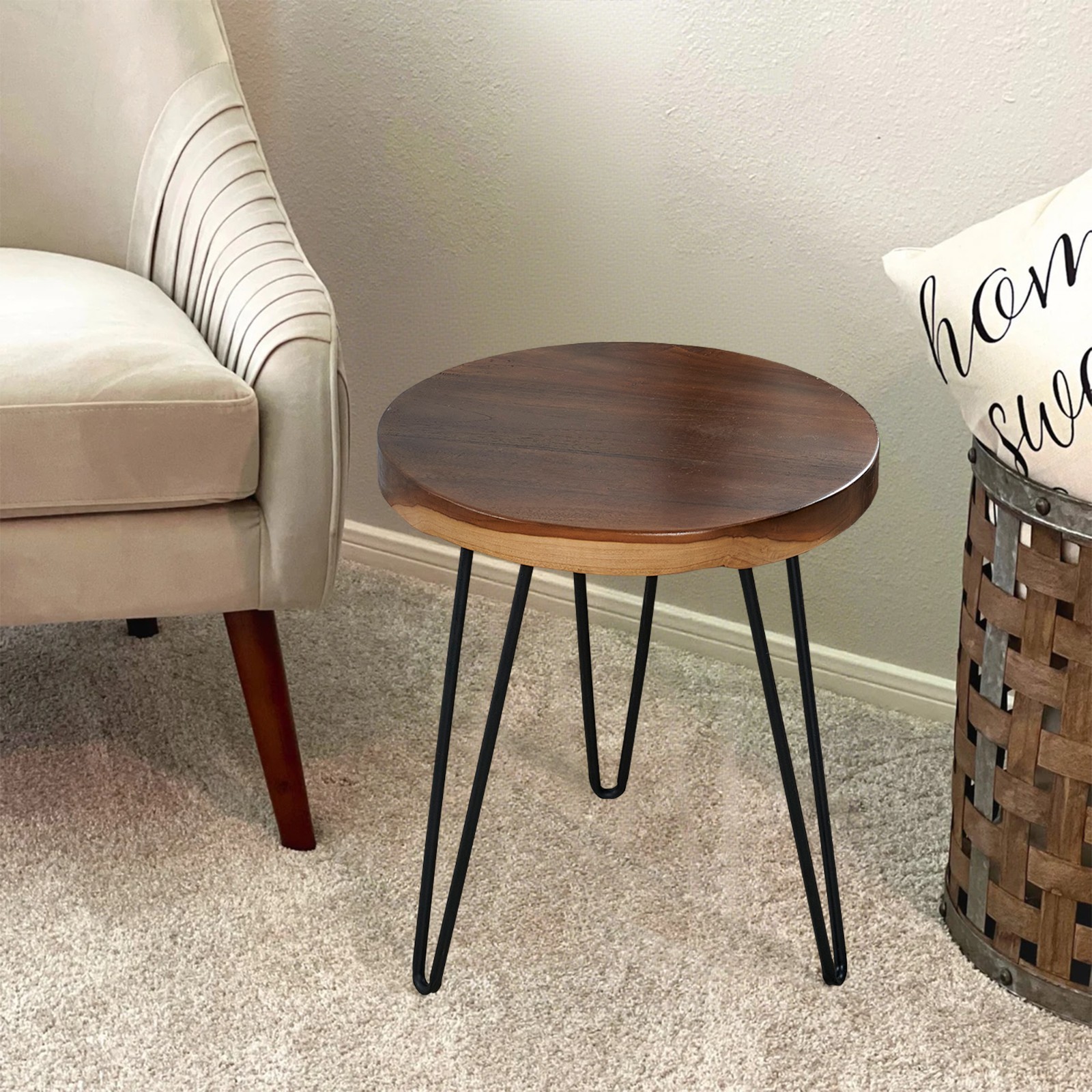Natural Teak Wood Round End Side Table with Hairpin Legs 21″ H Home Decor