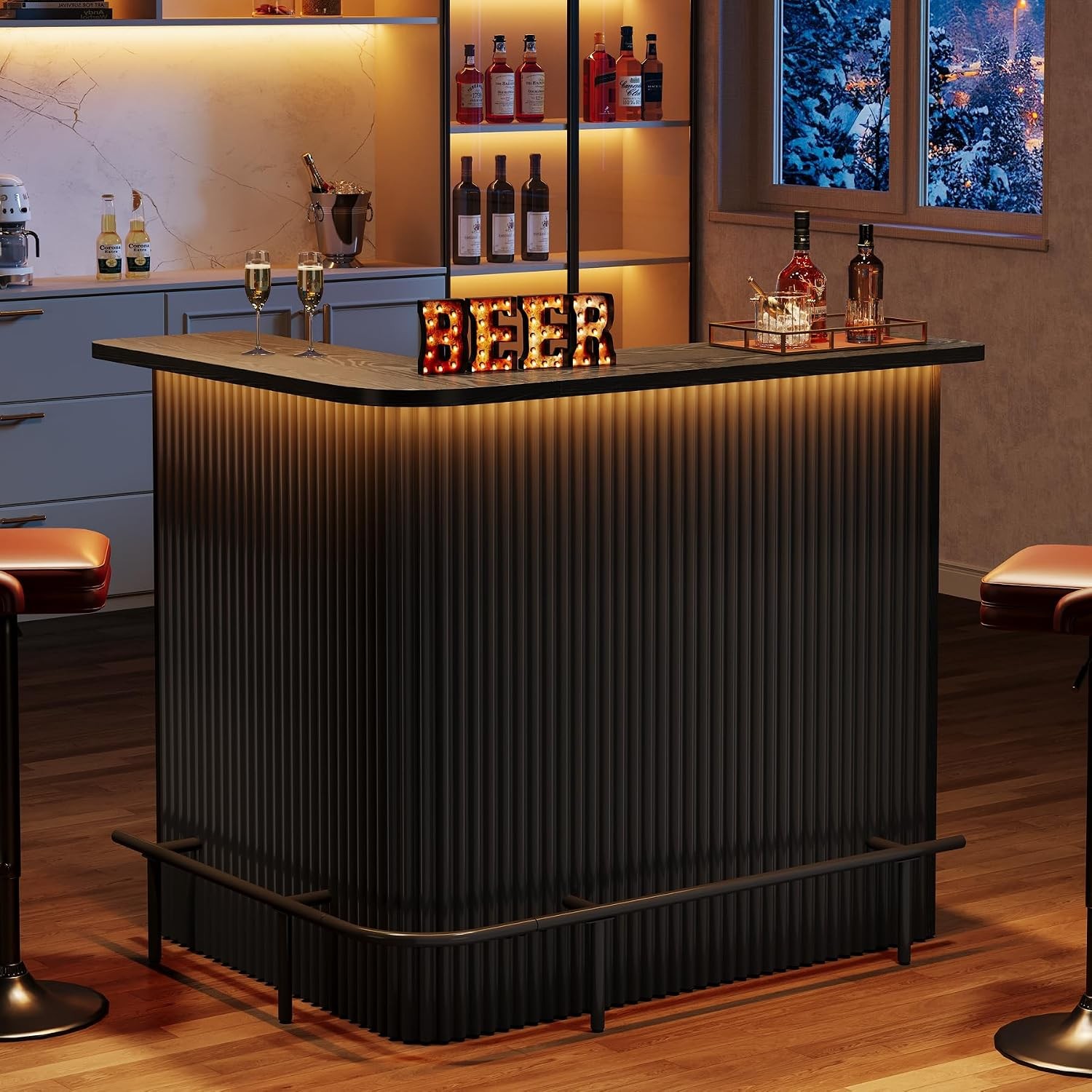 L Shaped Bar Table, Modern Home Bar Unit with Storage Shelves & Metal Footrest