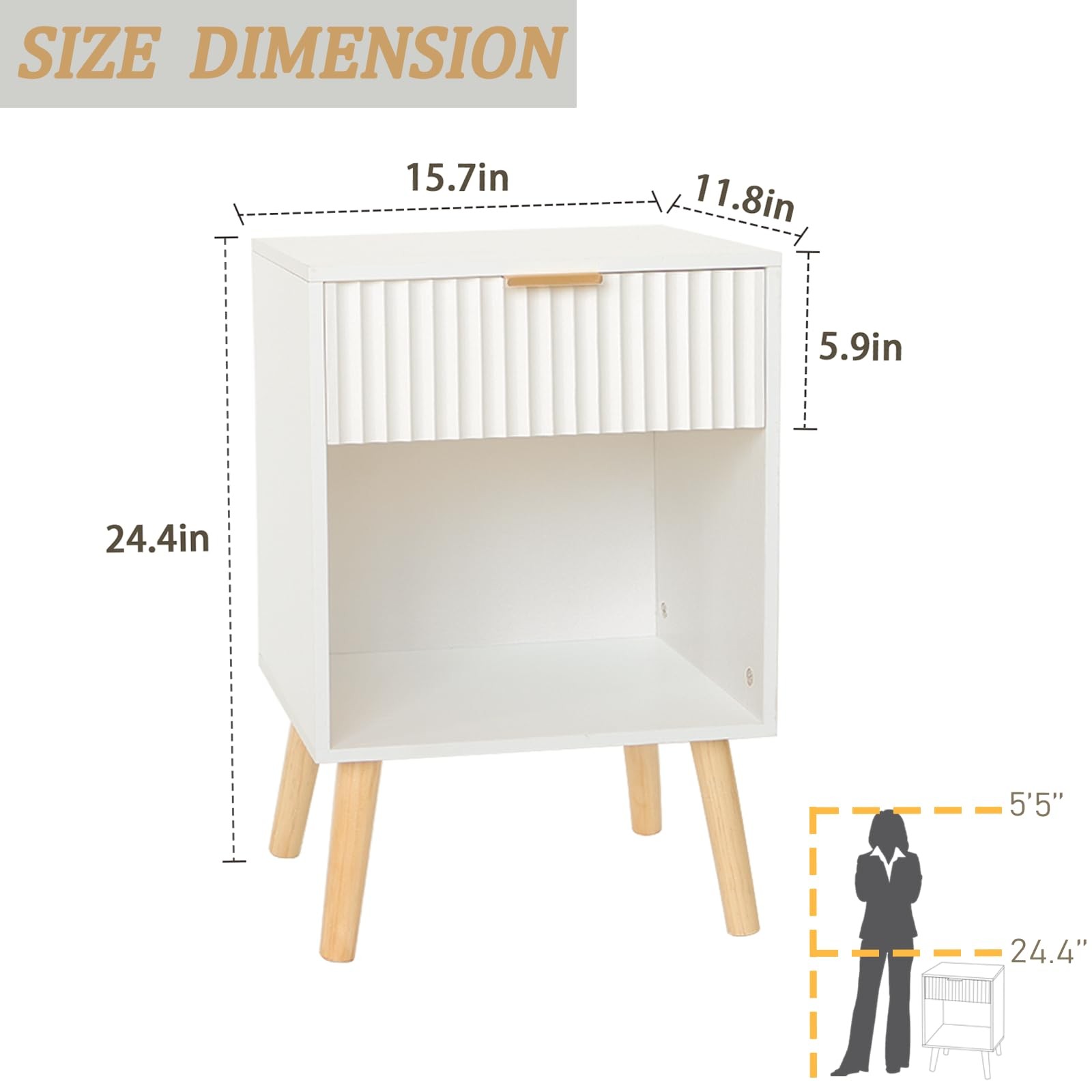 White Nightstand, Modern Bedside Table with Drawer and Open Storage, Fluted E…