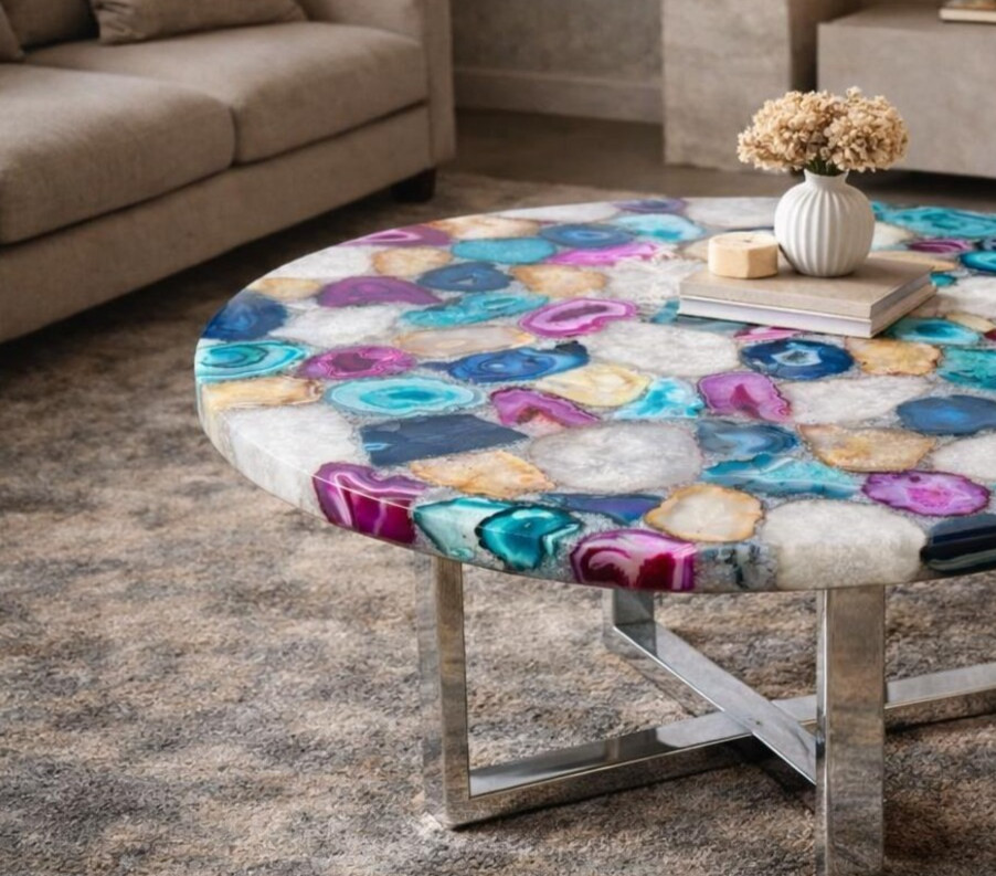 12″ Luxury Multi-Color Agate Round Coffee Table Natural Crystal Stone Home Decor