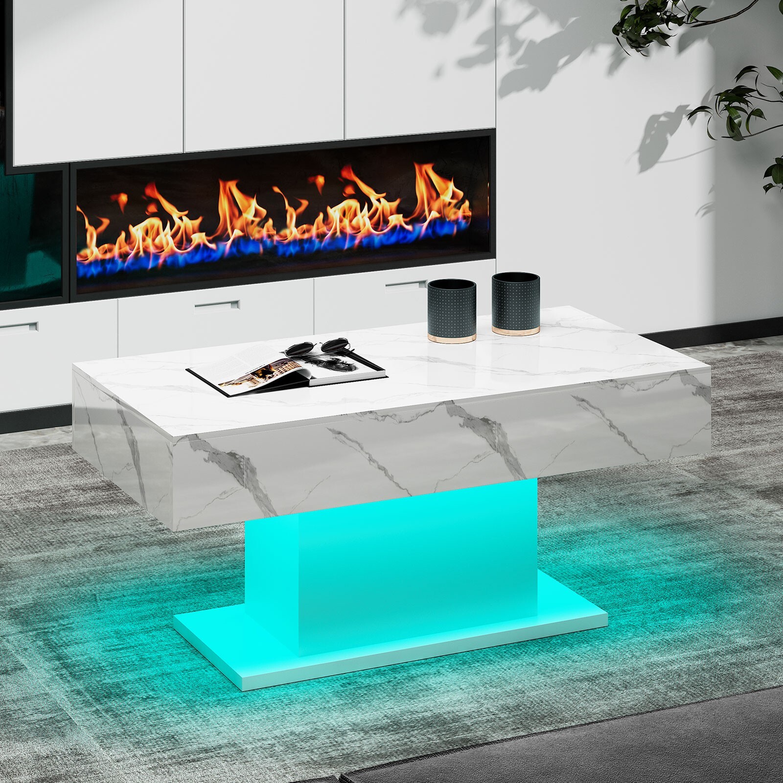 Marble White Modern High Glossy LED Coffee Table 16Color LED Light Living Room