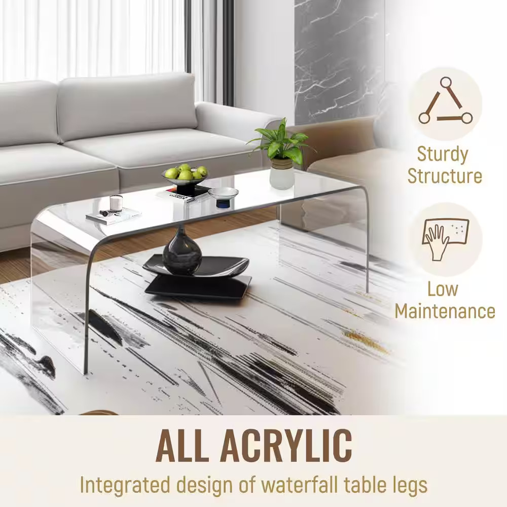39.25 In. Long Rectangle All Acrylic 15 Mm Thick Waterfall Coffee Table, Clear