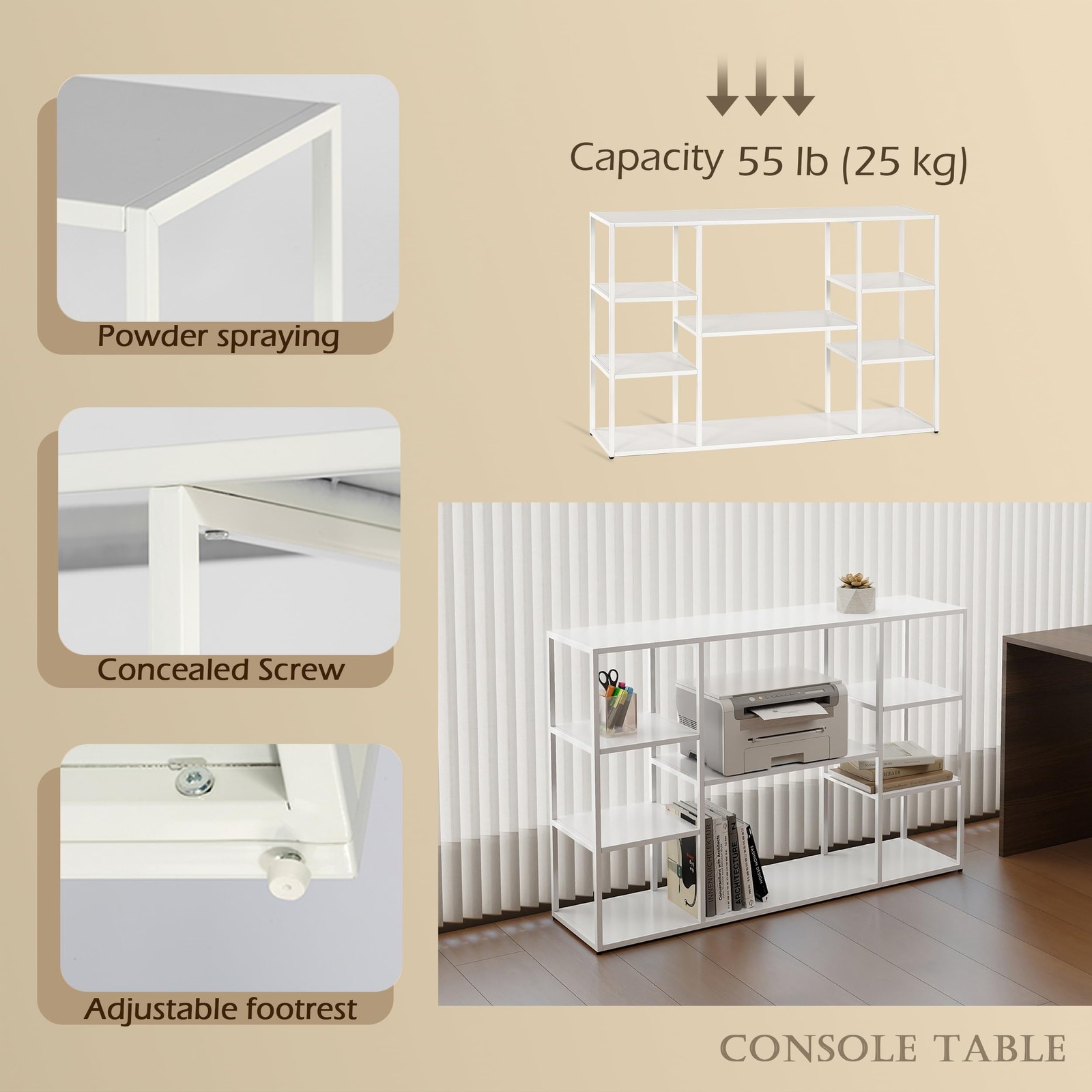 47 Inch Metal Console Table, White, 47.24×11.81×31.5in