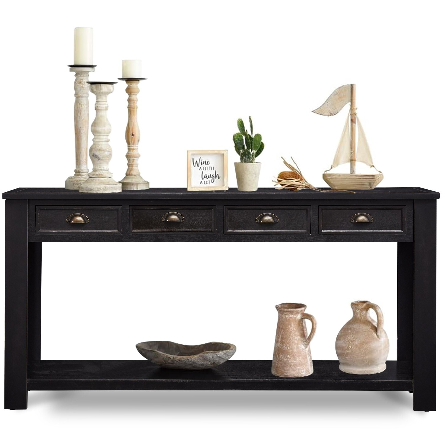 Rustic Entryway Console Table 60 ” Long Sofa Table with 4 Drawers Shelf Wooden