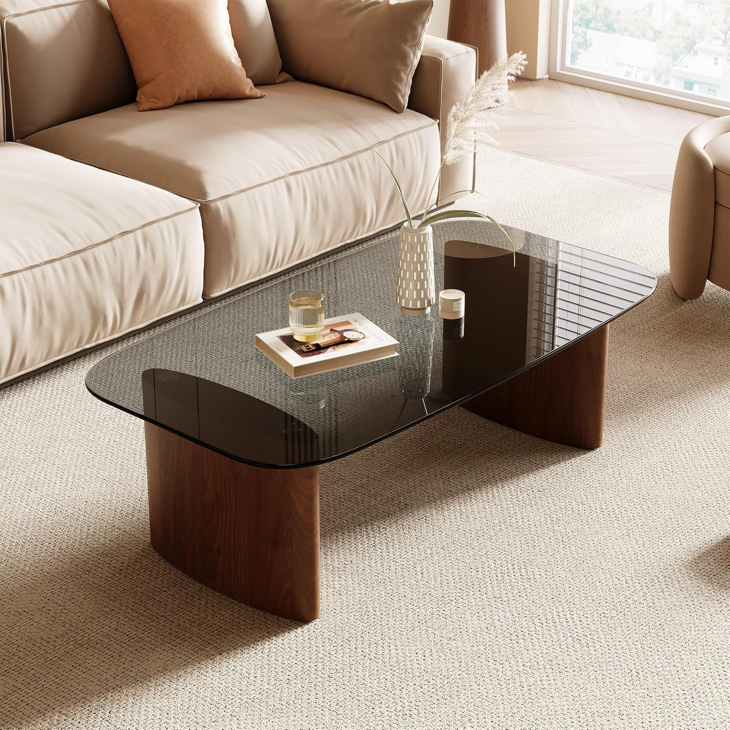 Modern Walnut Glass Coffee Table for Small Spaces – Minimalist Design
