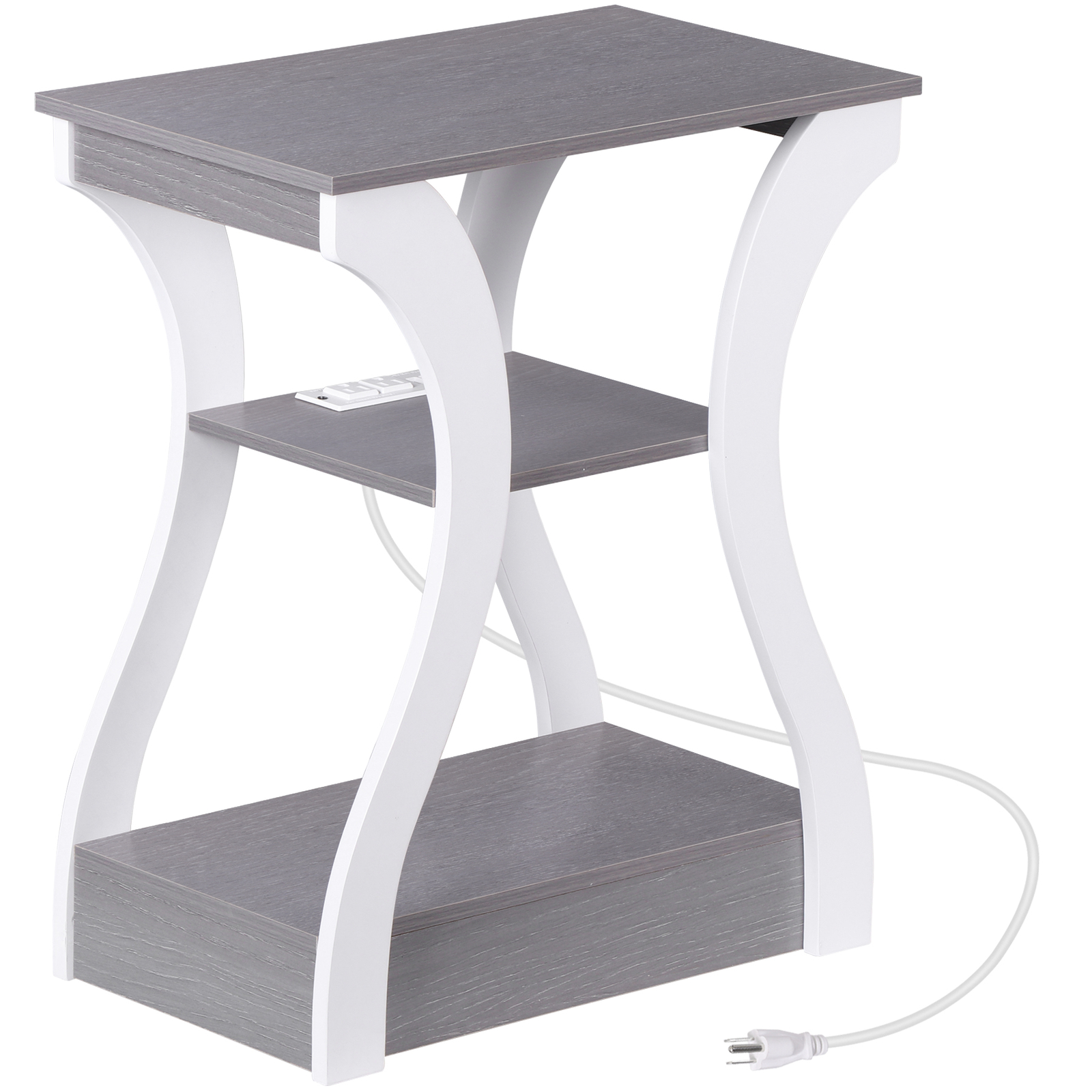 End Table Side Table 3-Tier Storage Shelf for Small Space with Outlet Grey+White