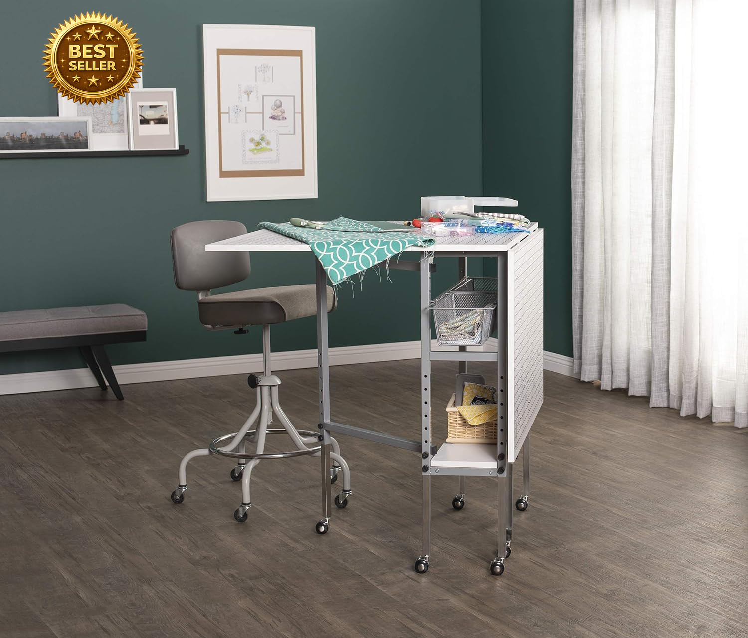 Foldable Hobby Cutting Grid Table 58.75″ Adjustable Craft Sewing Desk White
