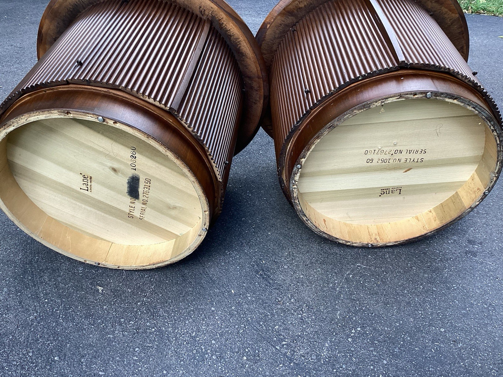 LANE First Edition MCM Mid Century Round Cabinet End Tables, Nightstands, A Pair