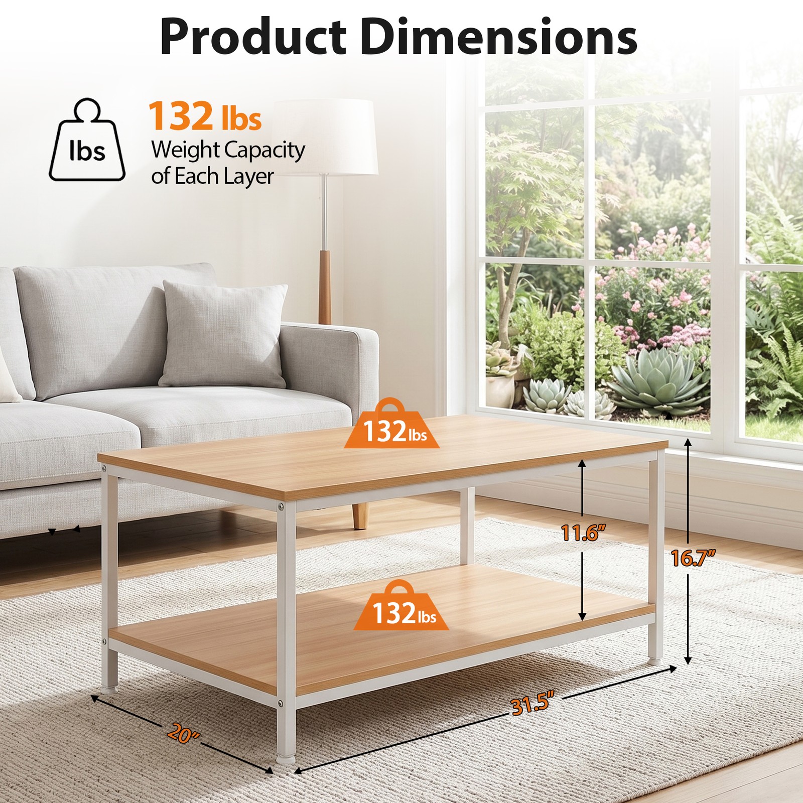 31″ Natural Wood Coffee Table Rectangular Coffee Table w/Storage Shelf Durable