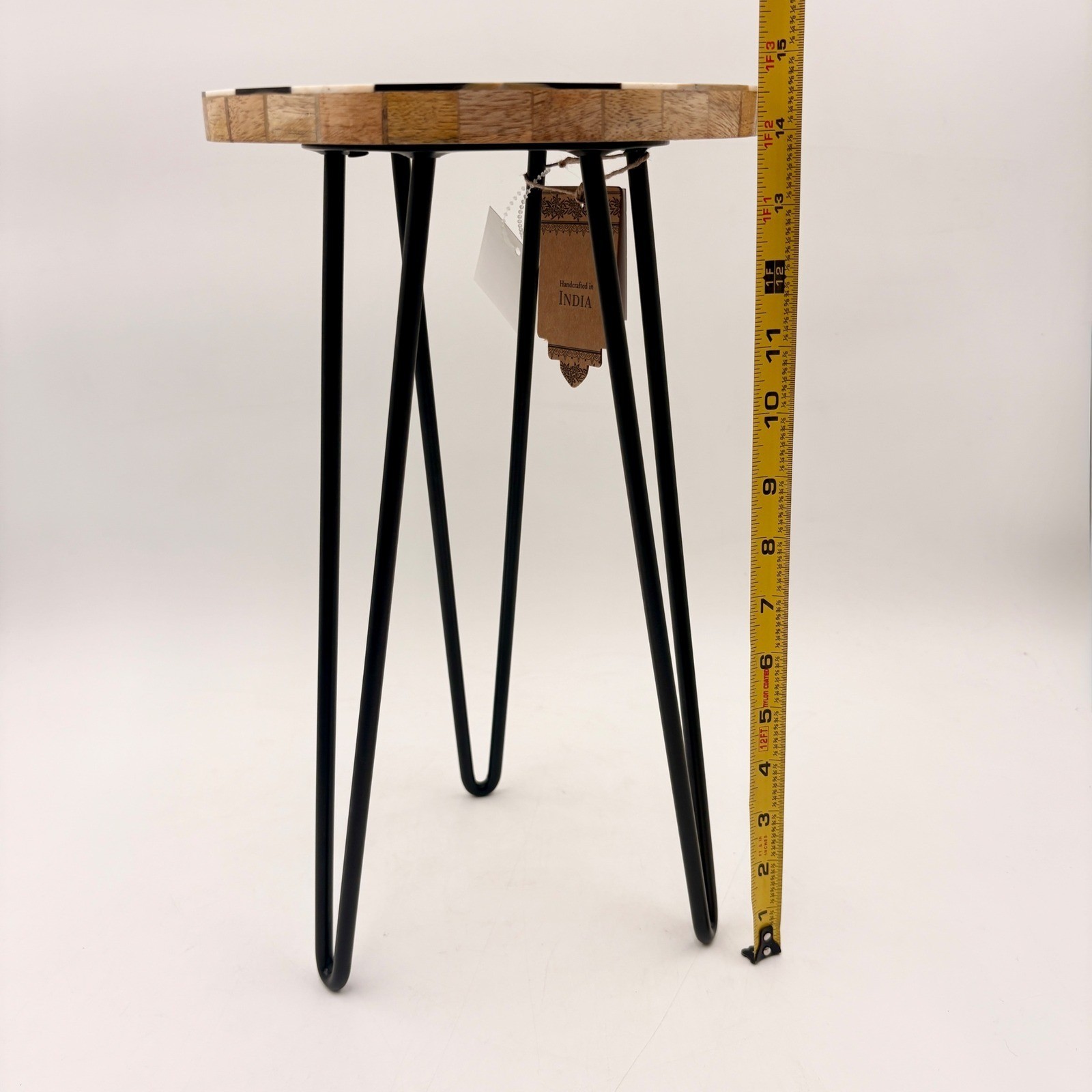 Handcrafted Checkered Bone Inlay Plant Stand Metal Hairpin Legs Courtly Check