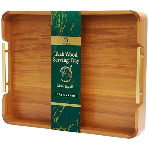 Solid Teak Wood Serving Tray with Handles, 17″x13″x2″ 17″ x 13″ x 2″