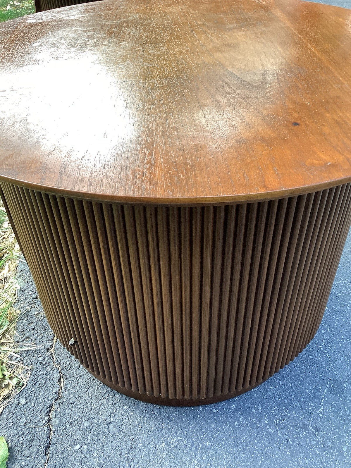 LANE First Edition MCM Mid Century Round Cabinet End Tables, Nightstands, A Pair