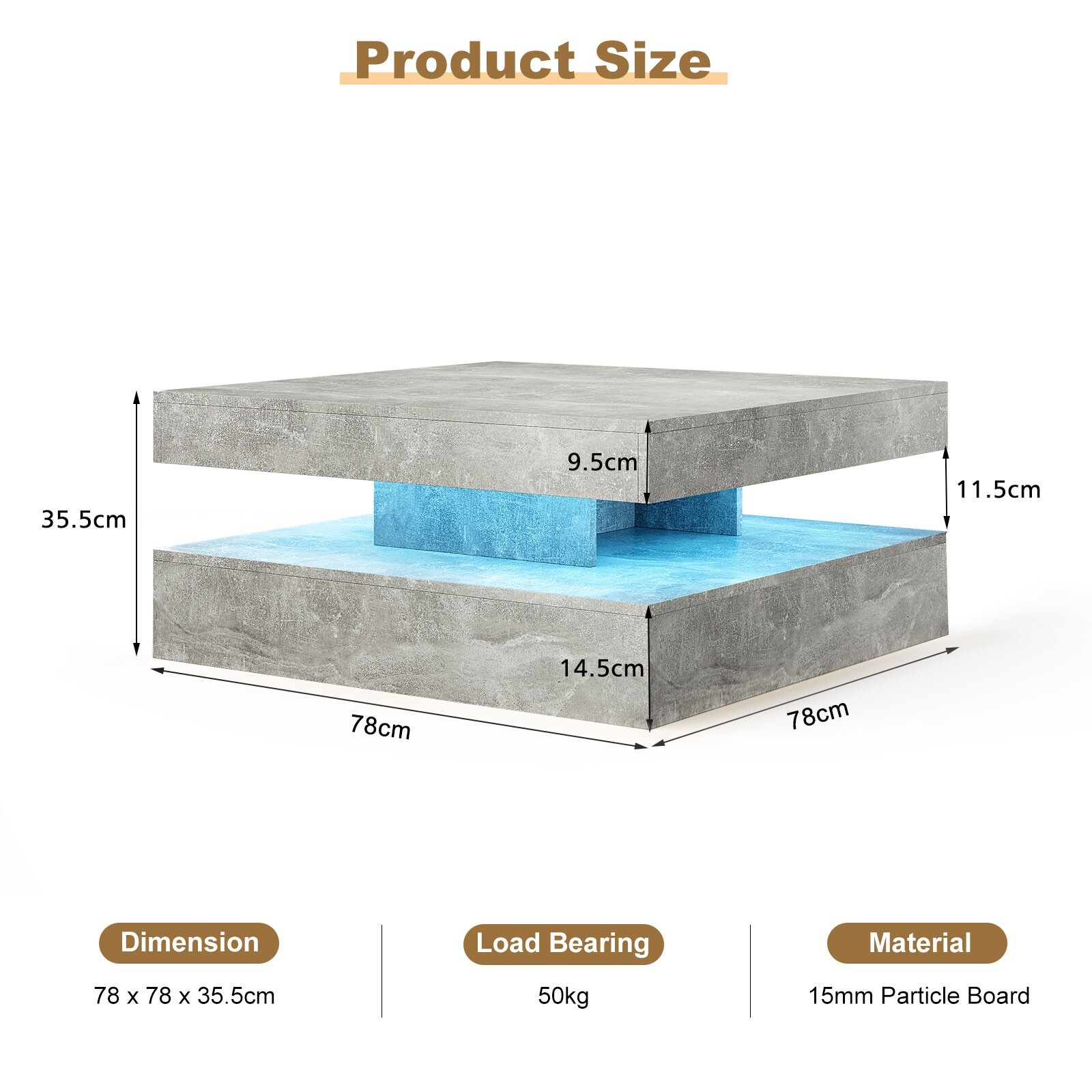 Modern Square LED lighting coffee table LED living room coffee table gray
