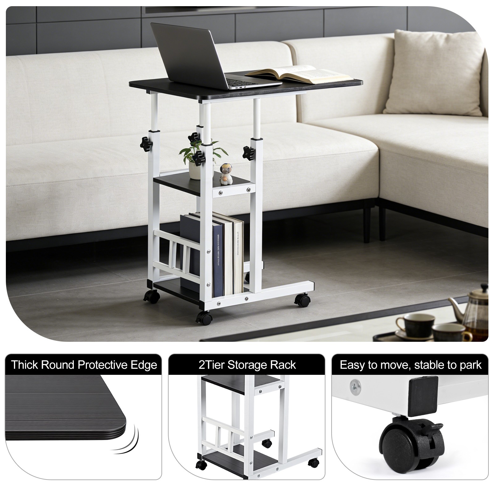Height Adjustable C Table on Wheels with Storage Shelves Sofa End Table