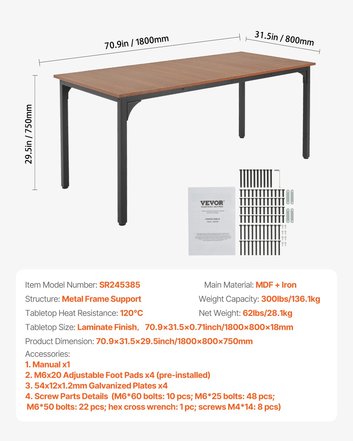 VEVOR 71in Rectangle Dining Table Wood Kitchen Table for 6-8 Person Brown