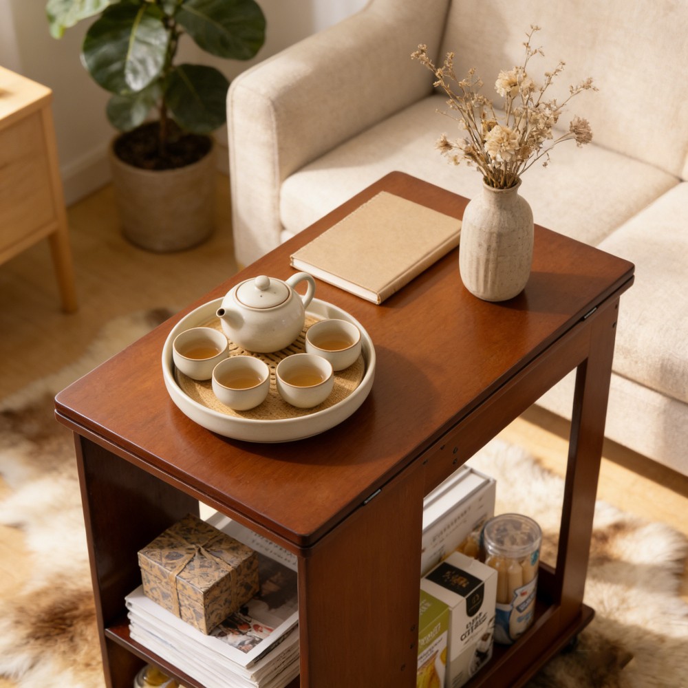 Folding Edge Table With Movable Storage, Bamboo Foldable Tabletop for Beds Sofas