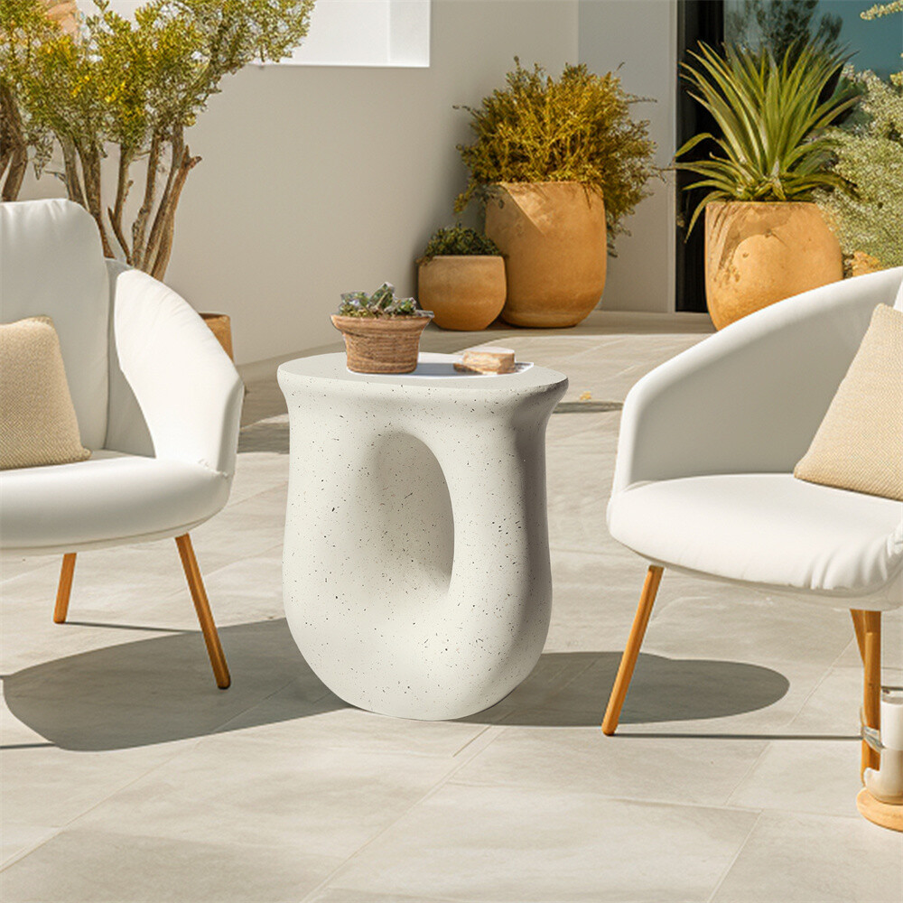 Outdoor Lightweight Concrete Side Table Garden Stool Terrazzo Plant Table White