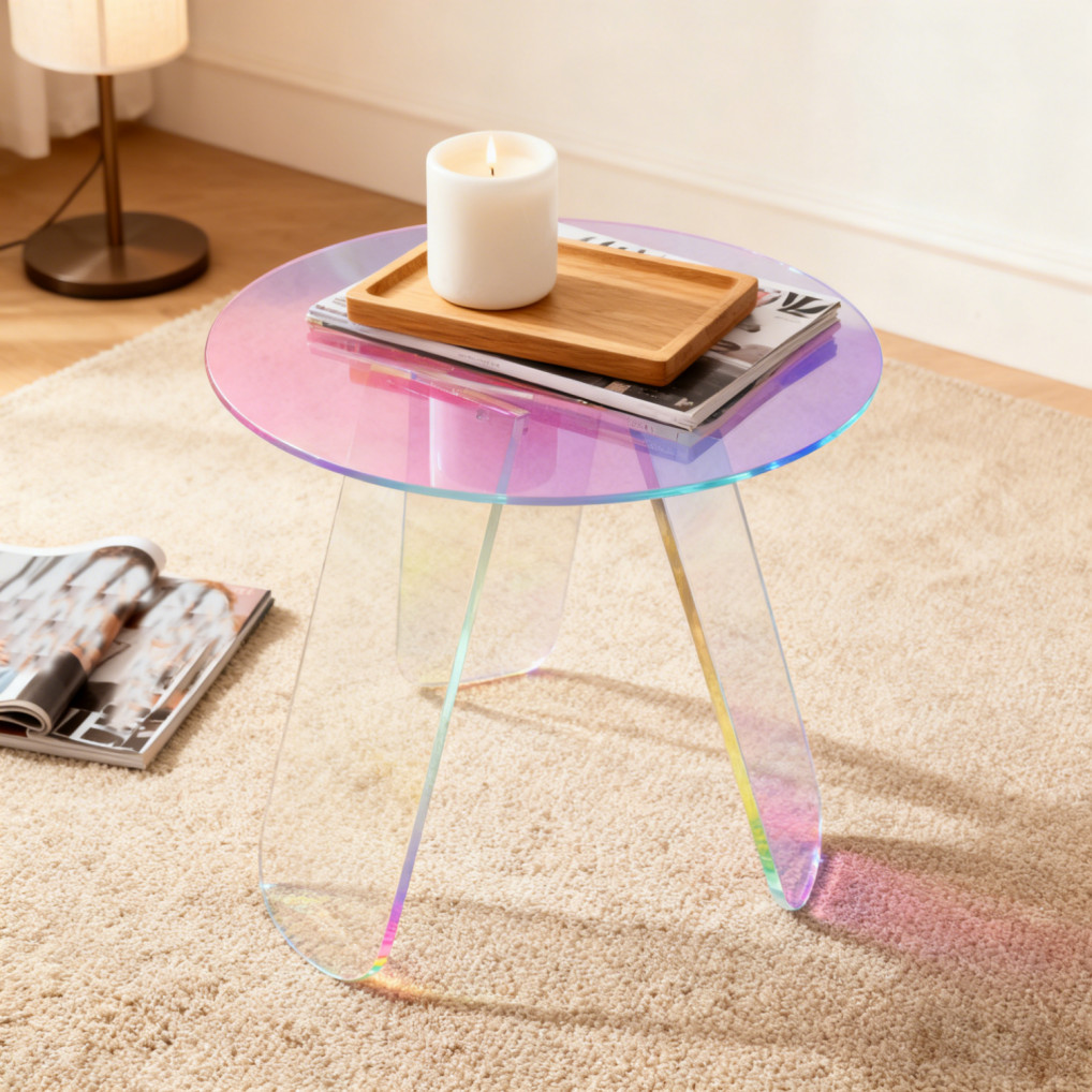 Premium Acrylic Side Table 18.11×17.52 inch Clear Modern Iridescent Coffee Table