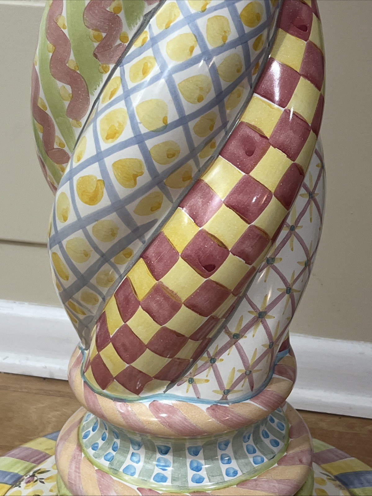 Mackenzie Childs Unique Round pedestal, Plant Stand, Side Table 33” Tall