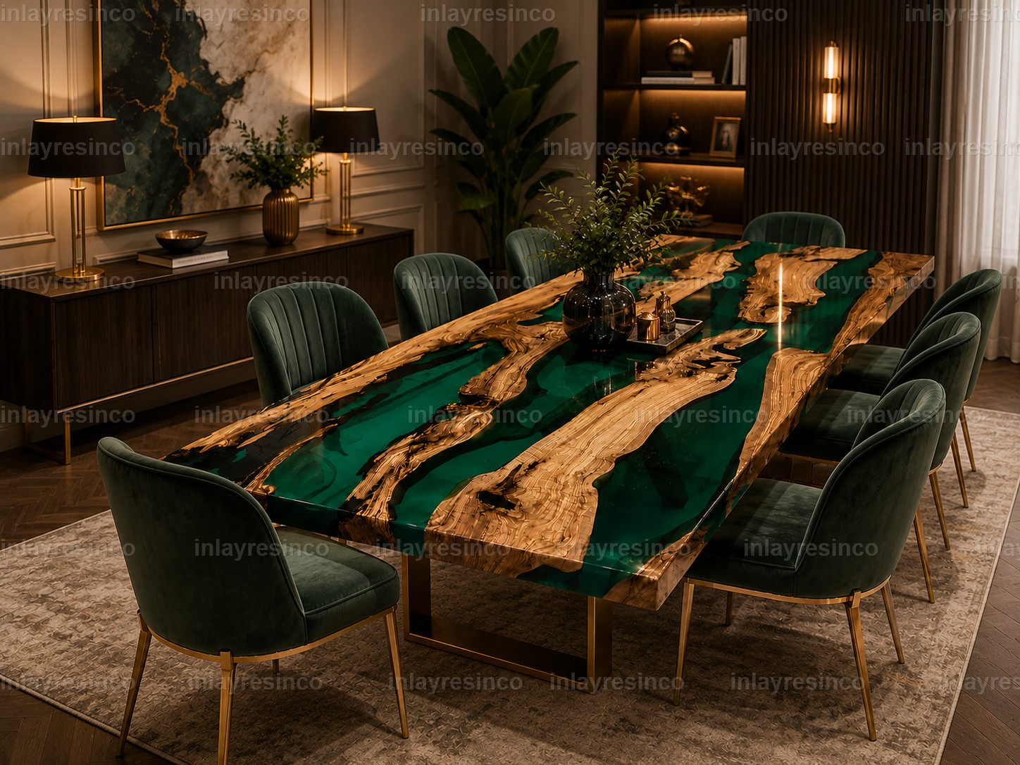 Handmade Emerald Green Epoxy River Dining Table | Live Edge Olive Wood Table
