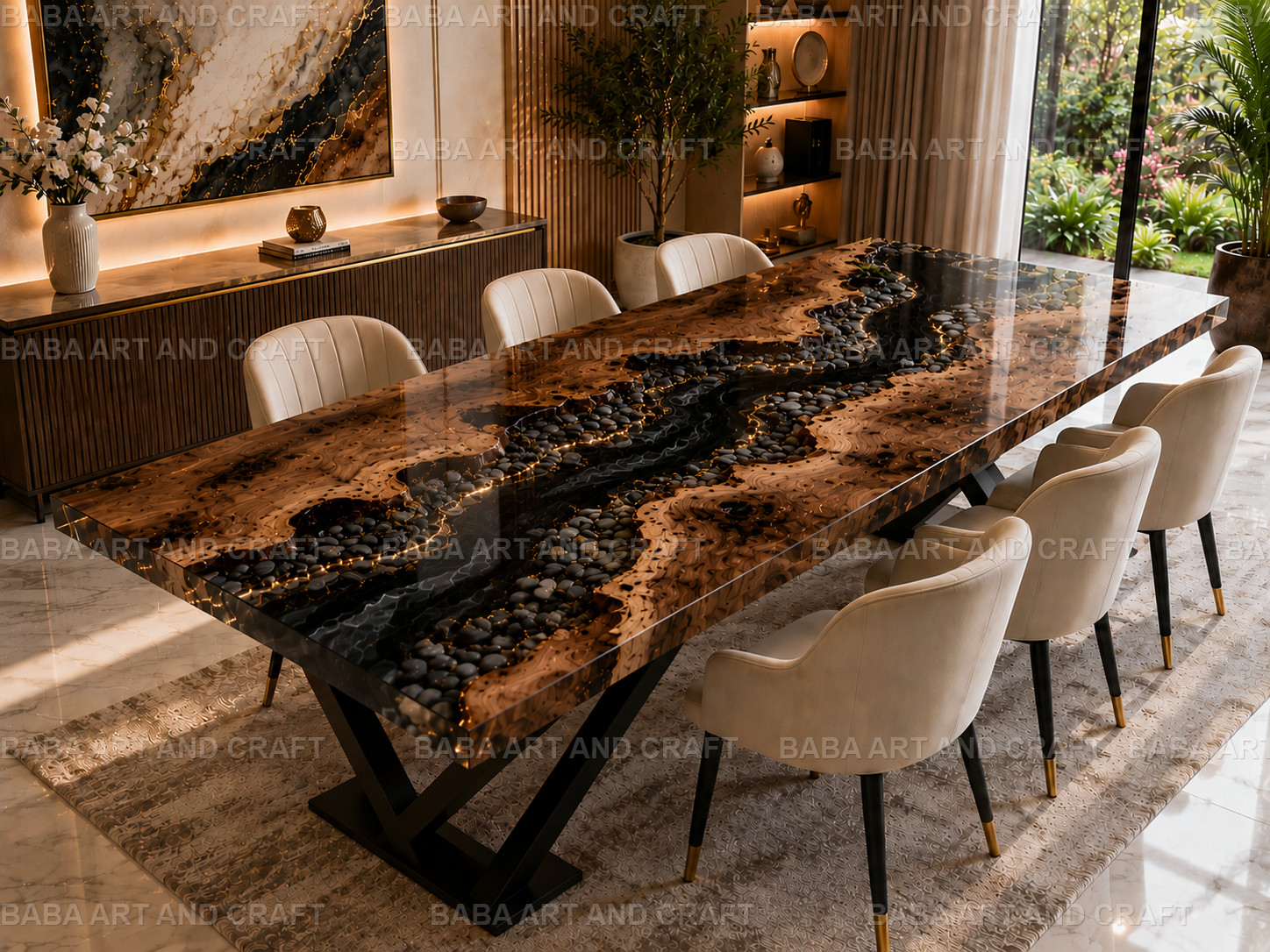 Black Epoxy River Dining Table Handmade Wood Resin Rectangle Table Top Custom