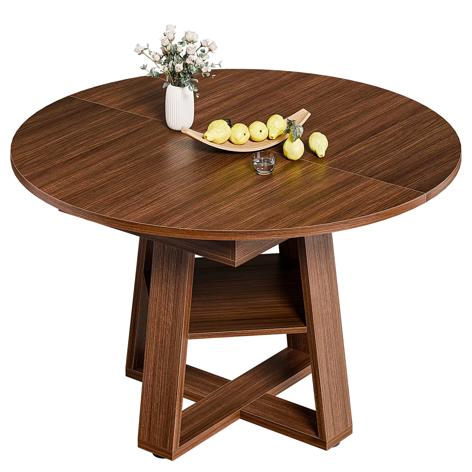 Extendable Wood Round Dining Table Oval Kitchen Storage Shelf Pedestal Base
