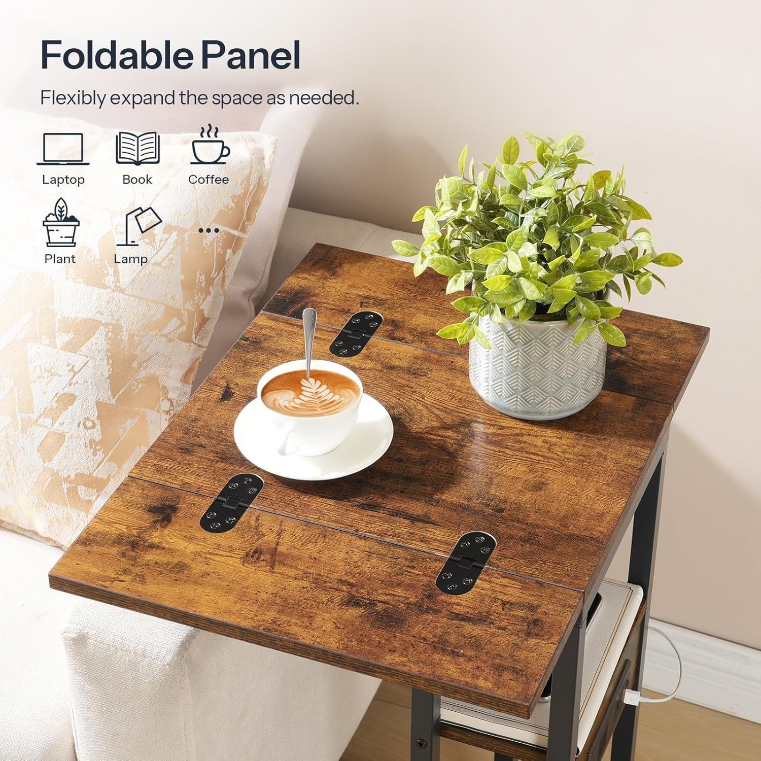 Multi-Functional Rustic C-Shaped Table with Charging Station for Modern Living