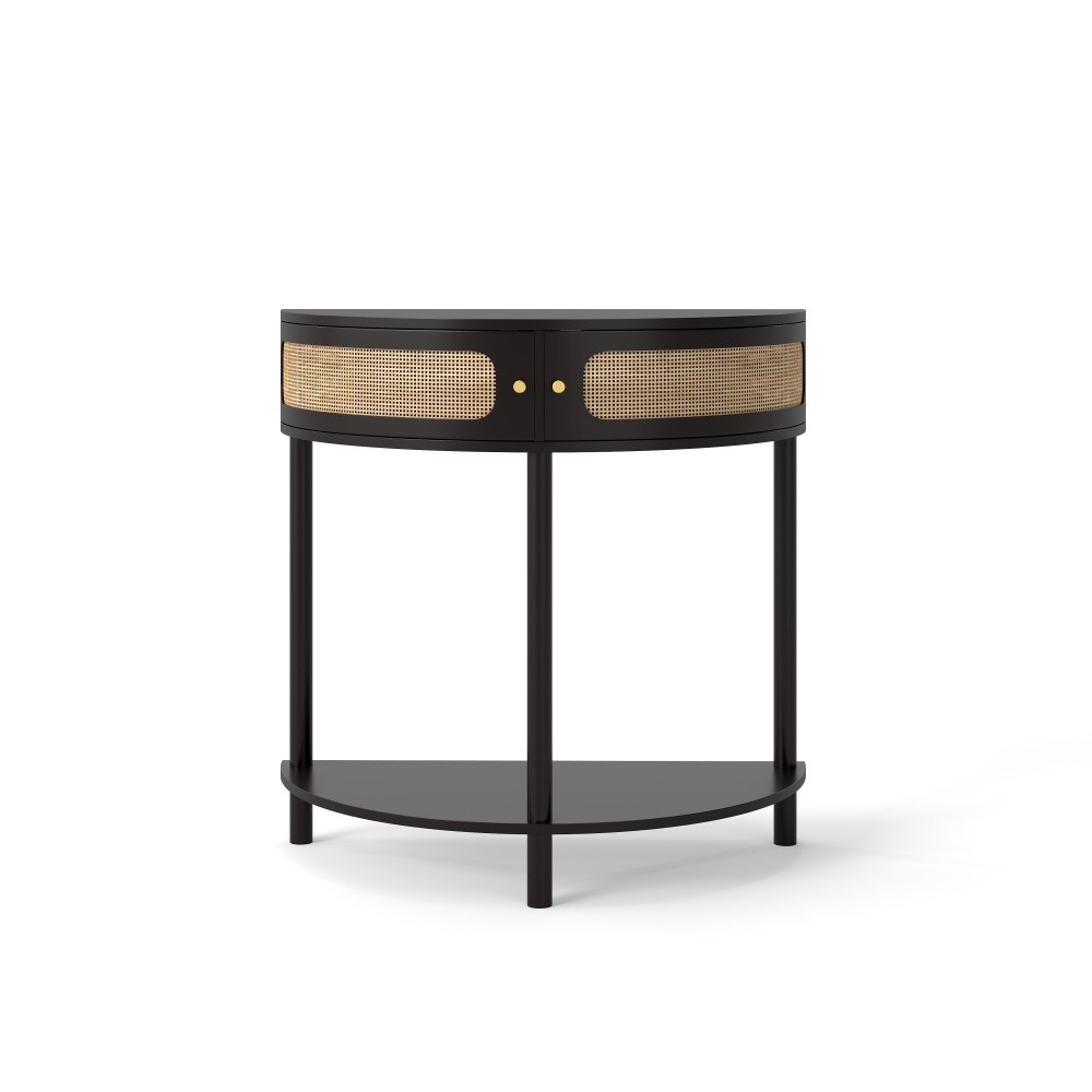 Unique Half Moon Design End Table with Sliding Rattan Door,Elegant Semi-circle