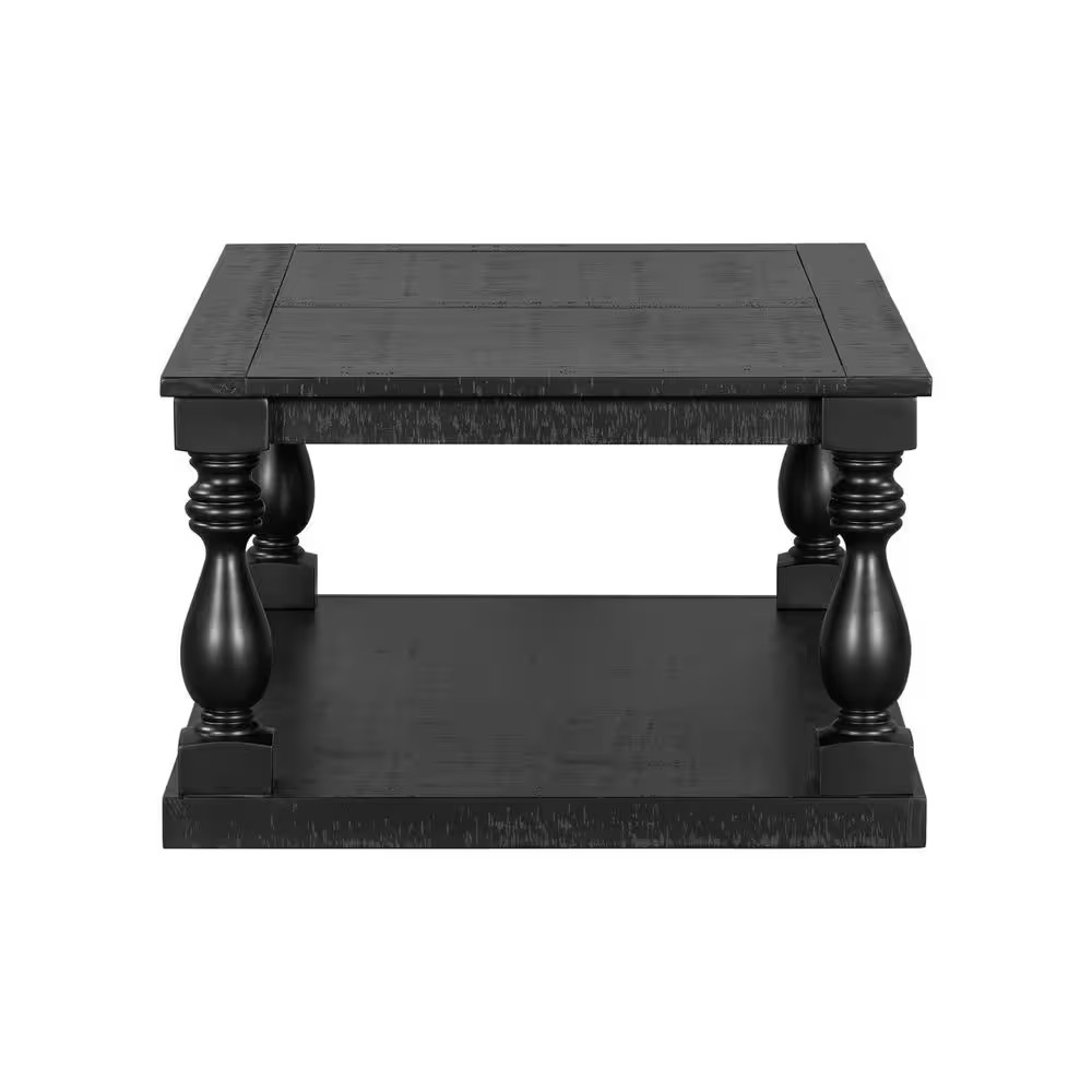 Rustic 43.5 In. Black Rectangle Solid Wood Coffee Table with Storage Shelf, Arti