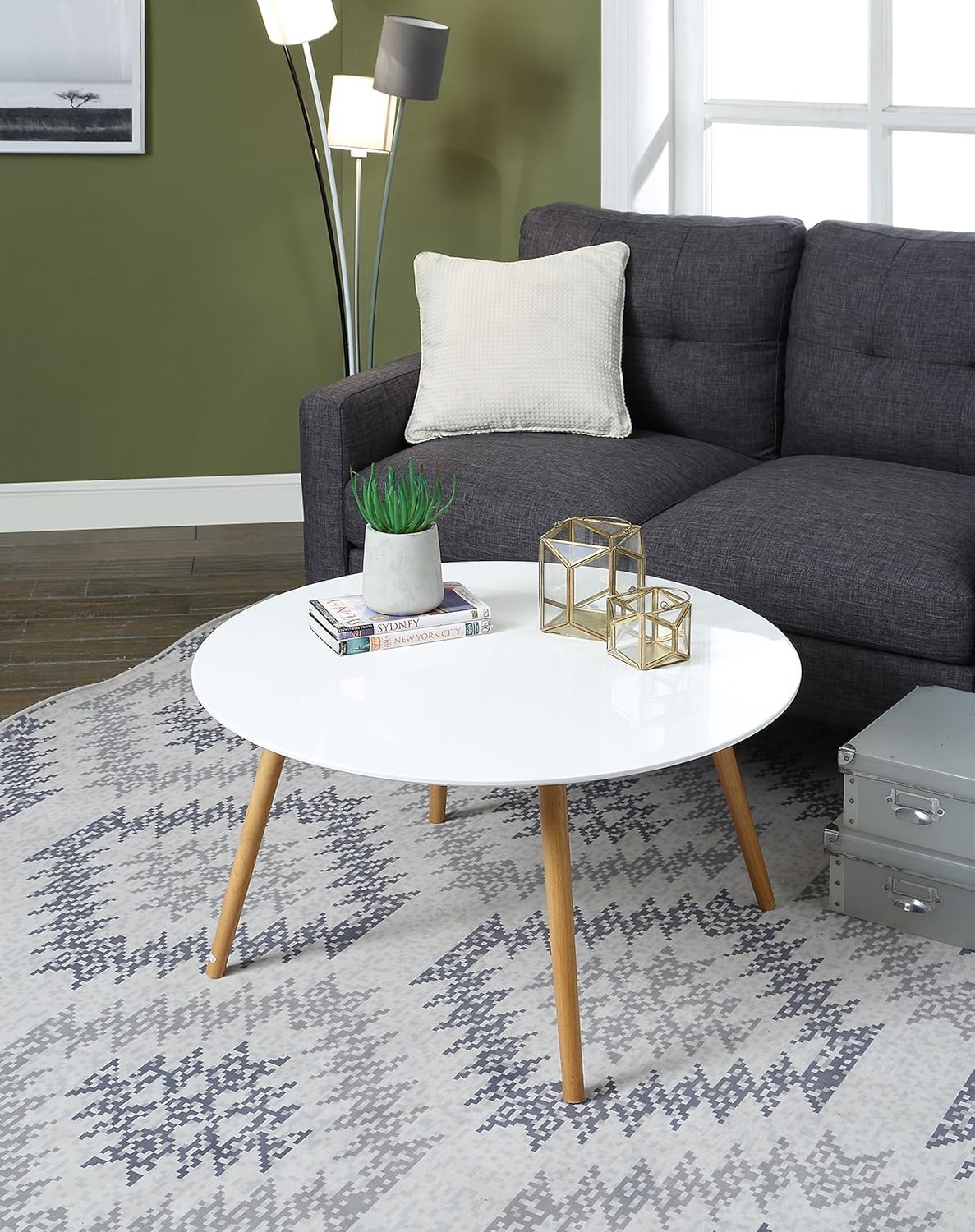 Round Coffee Table – Mid-Century Modern Minimalist Design Glossy White Top