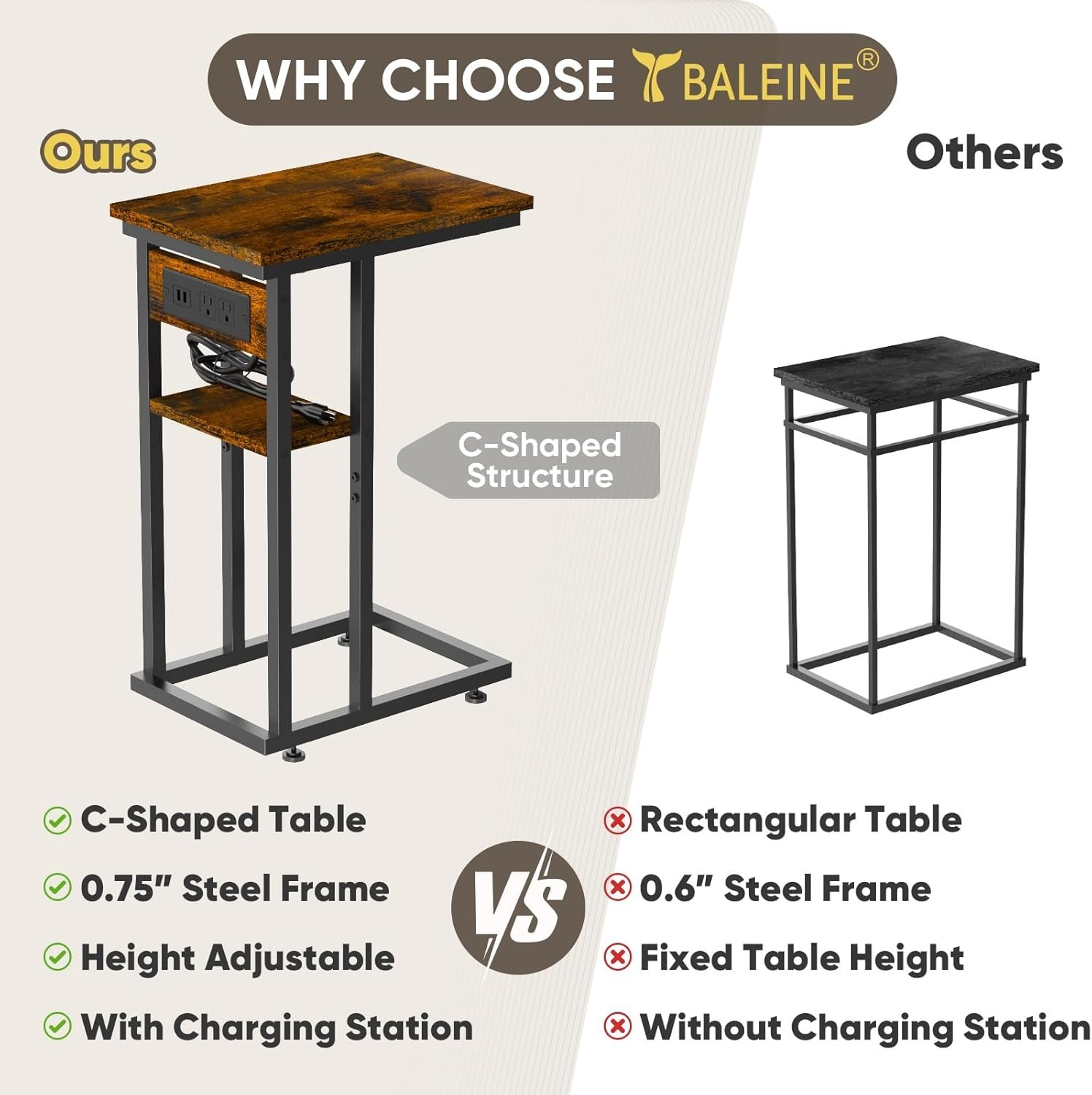 End Table with Charging Station and 2 USB Ports, C Table Storage Shelves, Couch