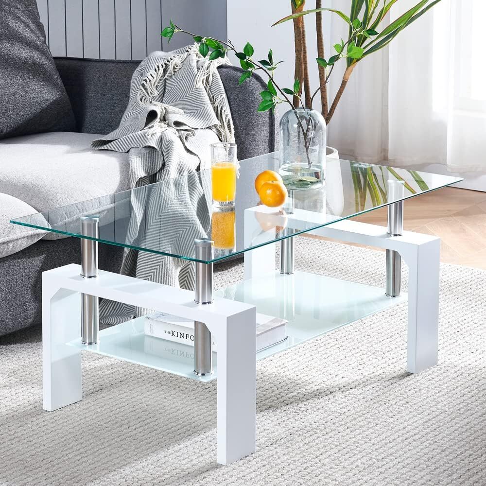 Living Room Coffee Table Glass Tabletop Modern Side Table with Lower Shelf Home