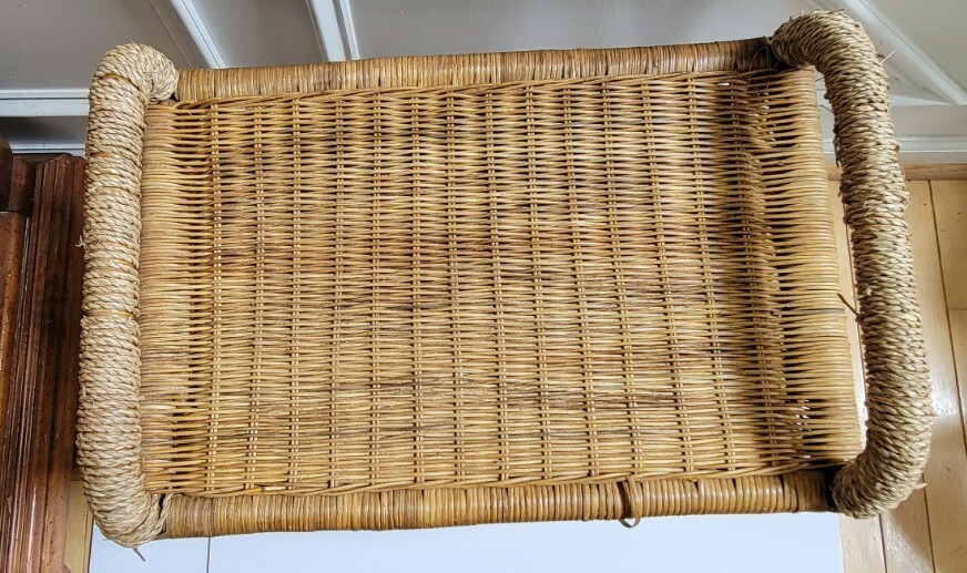 Vintage Bamboo Wicker Side End Table Plant Standw/Handle Art Deco Boho Chic