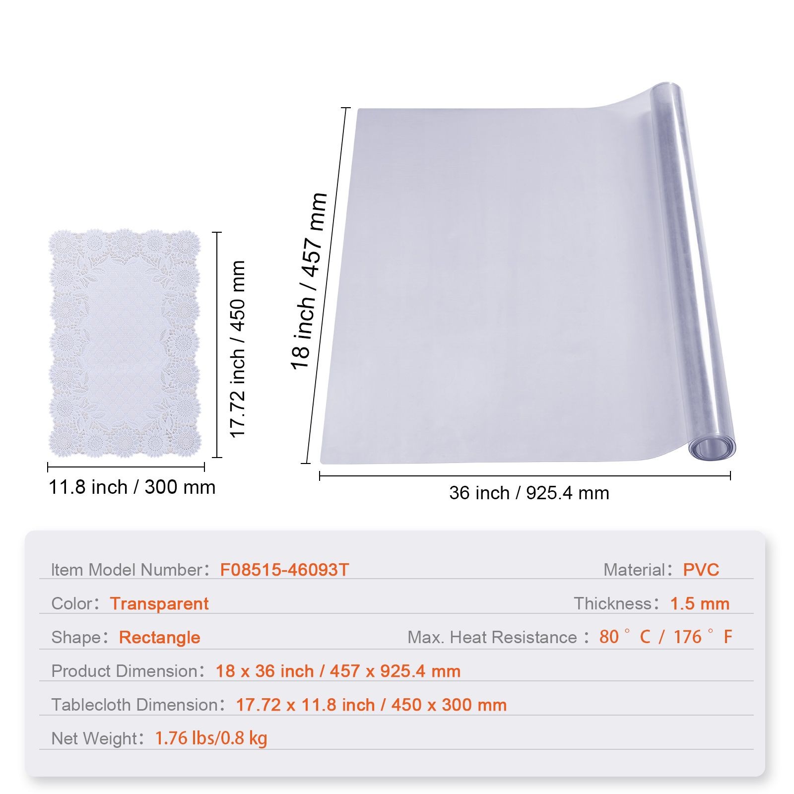 Clear Table Cover Protector, 18″ x 36″ Rectangle Table Cover, 1.5 mm Thick PVC