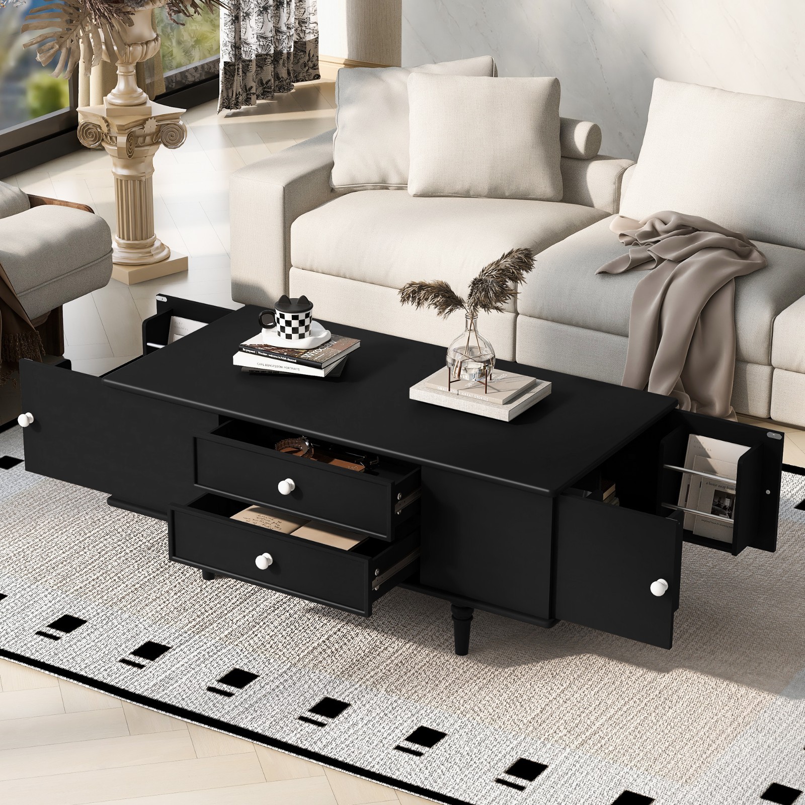 Modern Rectangle Coffee Table Center Table With Storage Drawers Solid Wood Legs
