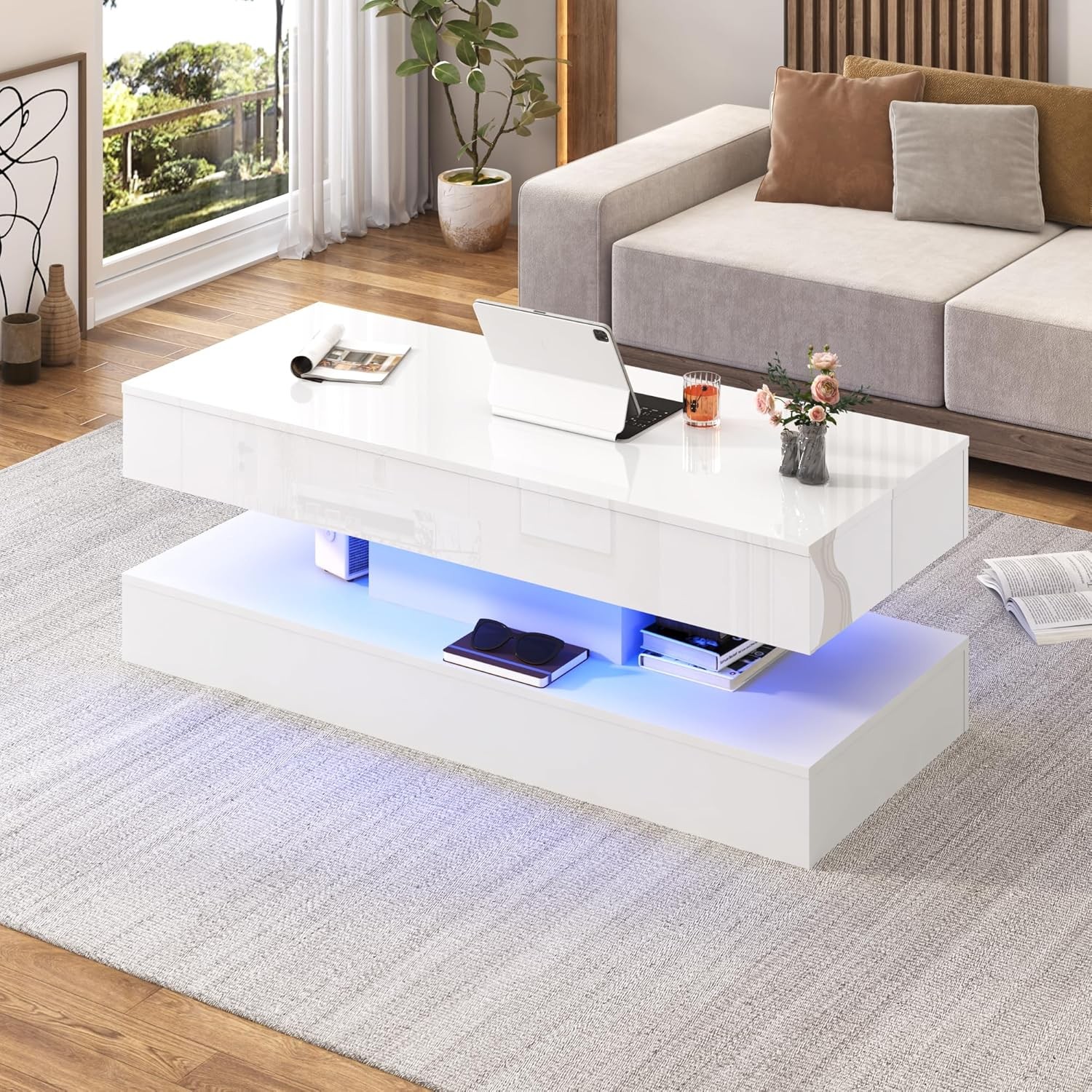 47.2″ Large Lift Top Coffee Table Modern High Glossy LED Coffee Tables